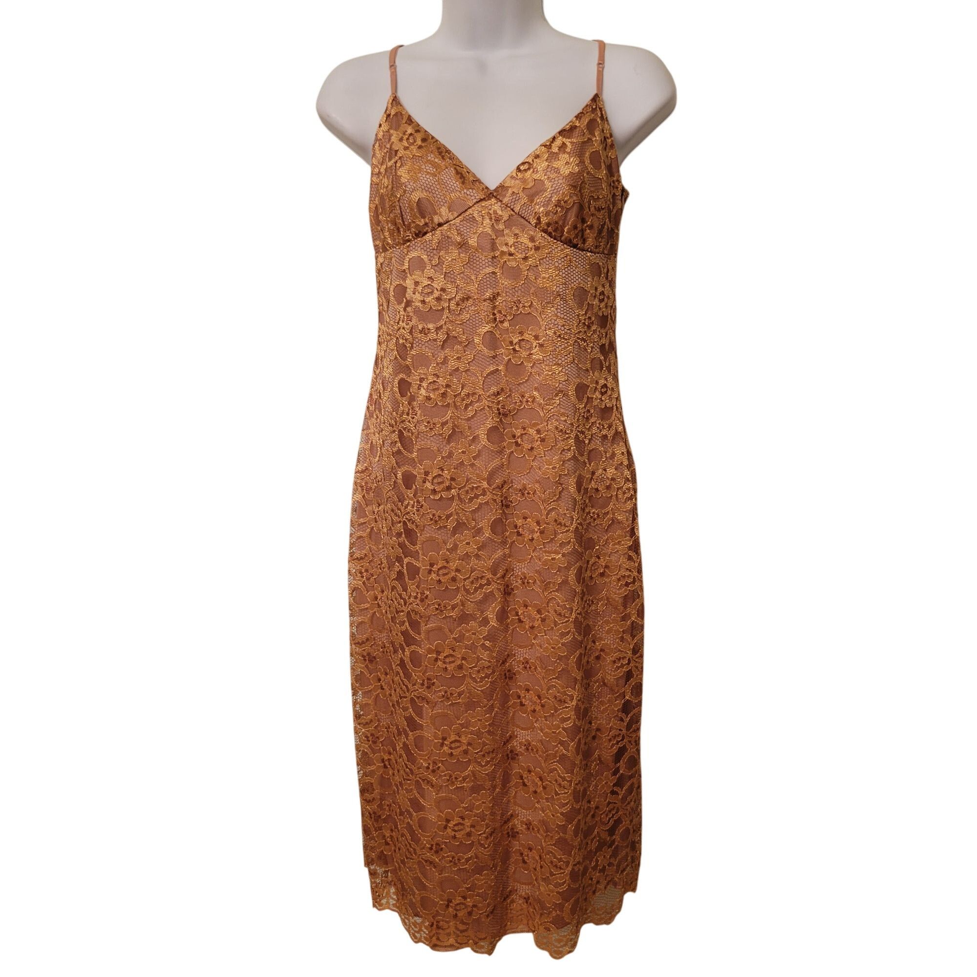 Vintage Devan 4 Gold Floral Lace Sleeveless Midi Slip Dress Made In Size S / US 4 / IT 40 - 1 Thumbnail