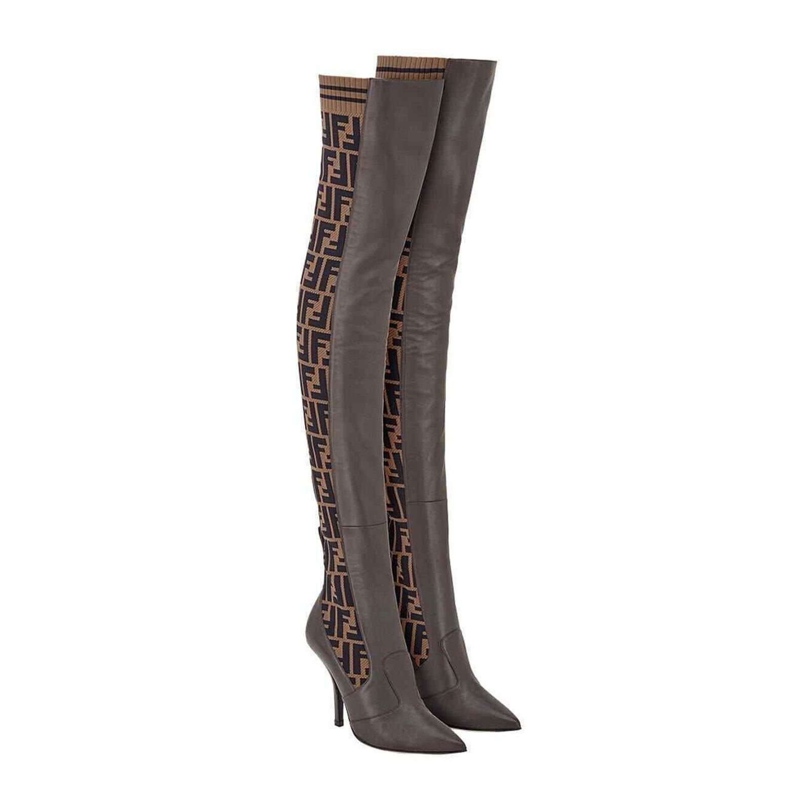 Fendi Fendi Rockoko Brown FF Logo Stretch Knit Sock Thigh High Size US 5 / IT 35 - 6 Thumbnail