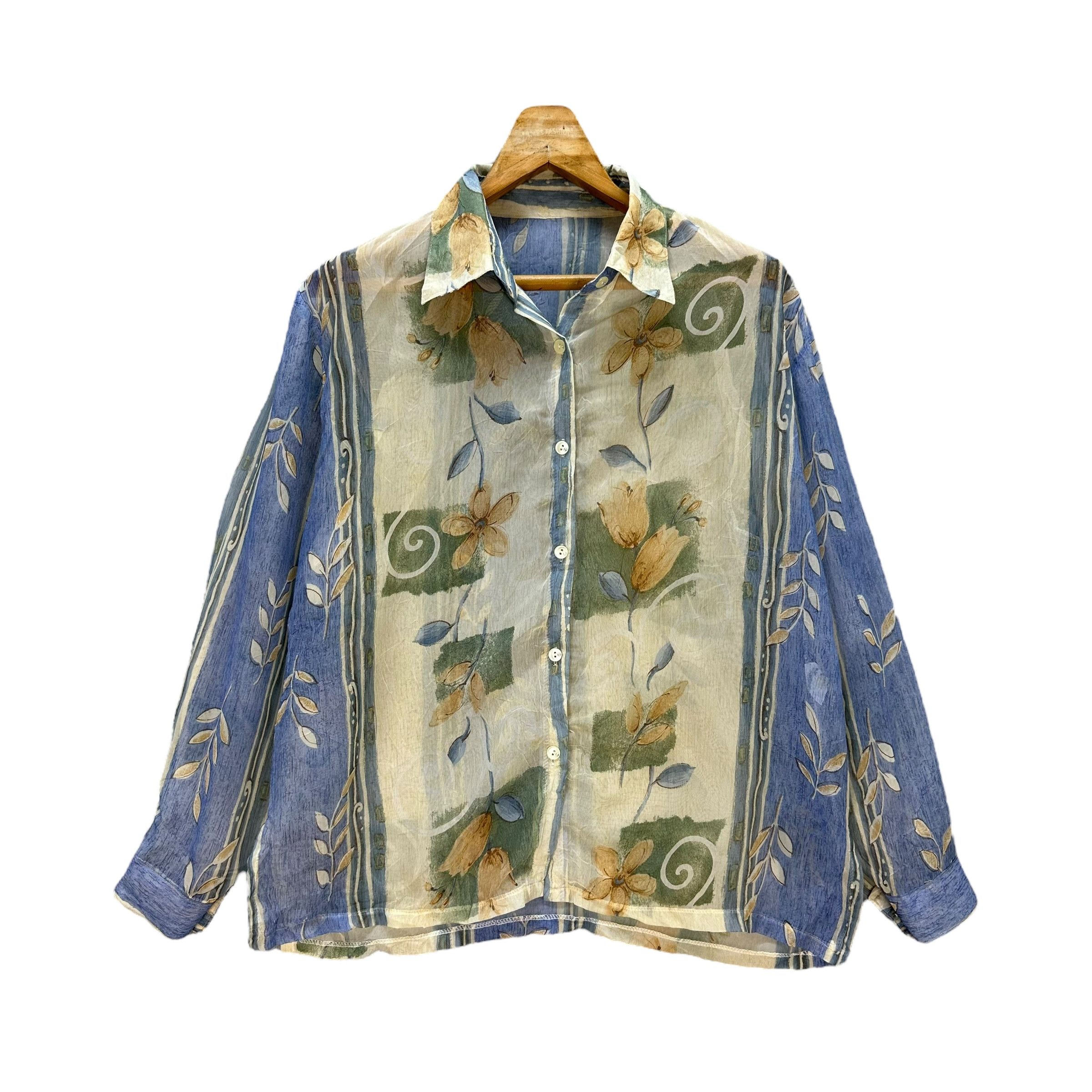 image of Vintage Flower Graphic Printed Poly Thin Button Shirt 9184-67, Women's (Size Large)