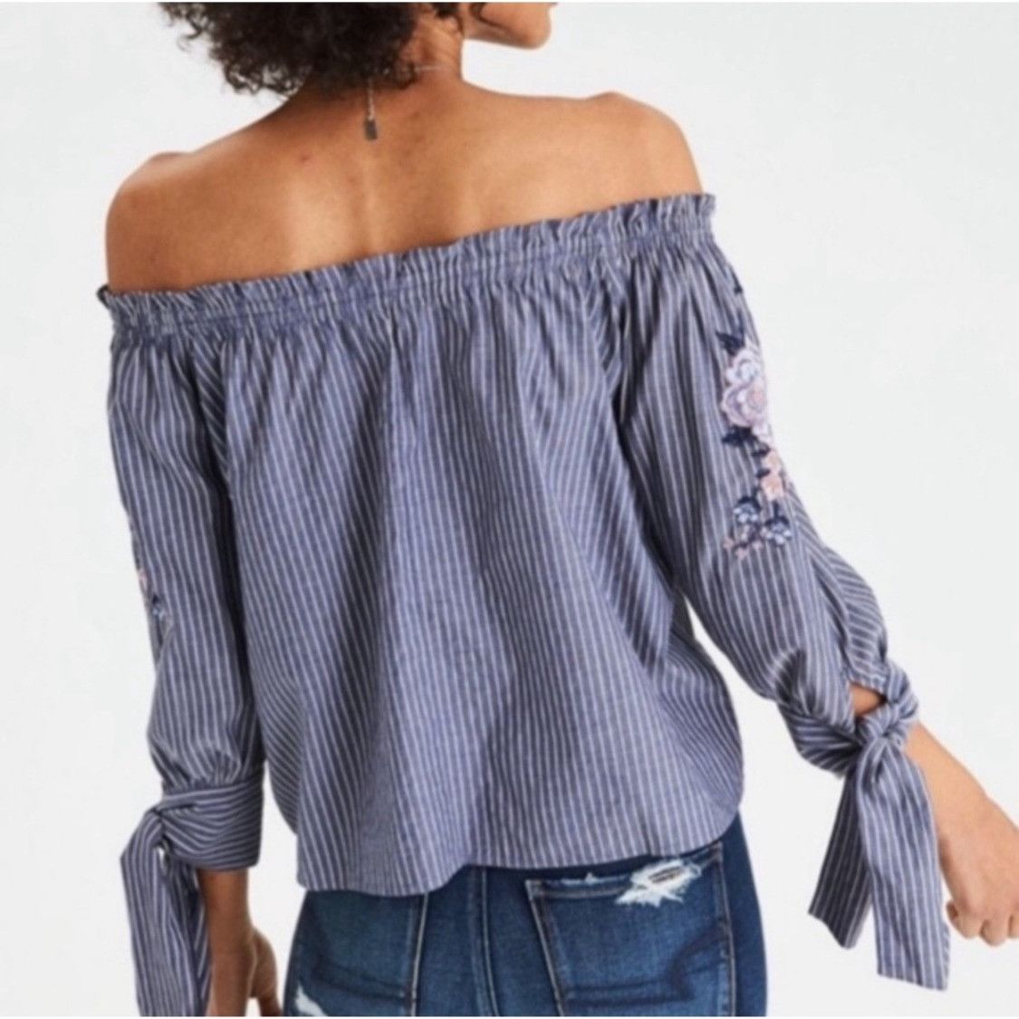 American Eagle Outfitters American Eagle Outfitters Off Shoulder Boho Embroidered Blue Size S / US 4 / IT 40 - 4 Thumbnail