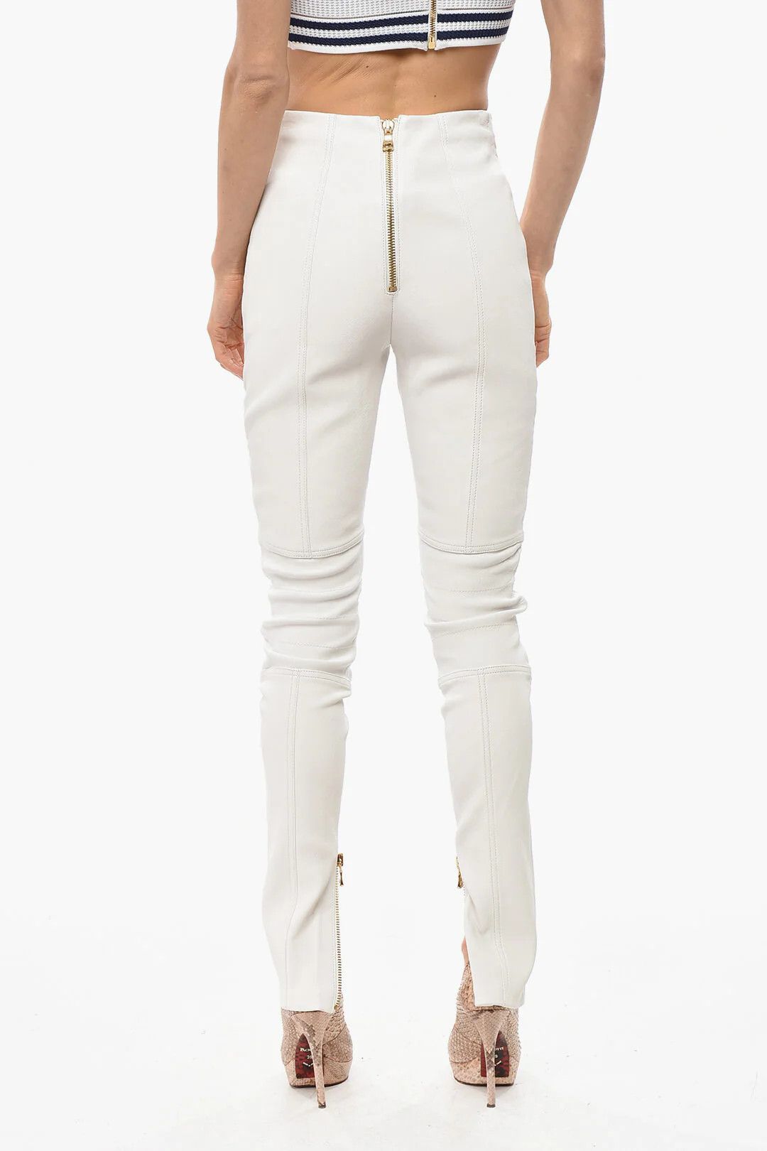 Balmain og1mm0326 Leather Skinny-Fit Biker Pant in White Size 30" / US 8 / IT 44 - 3 Thumbnail