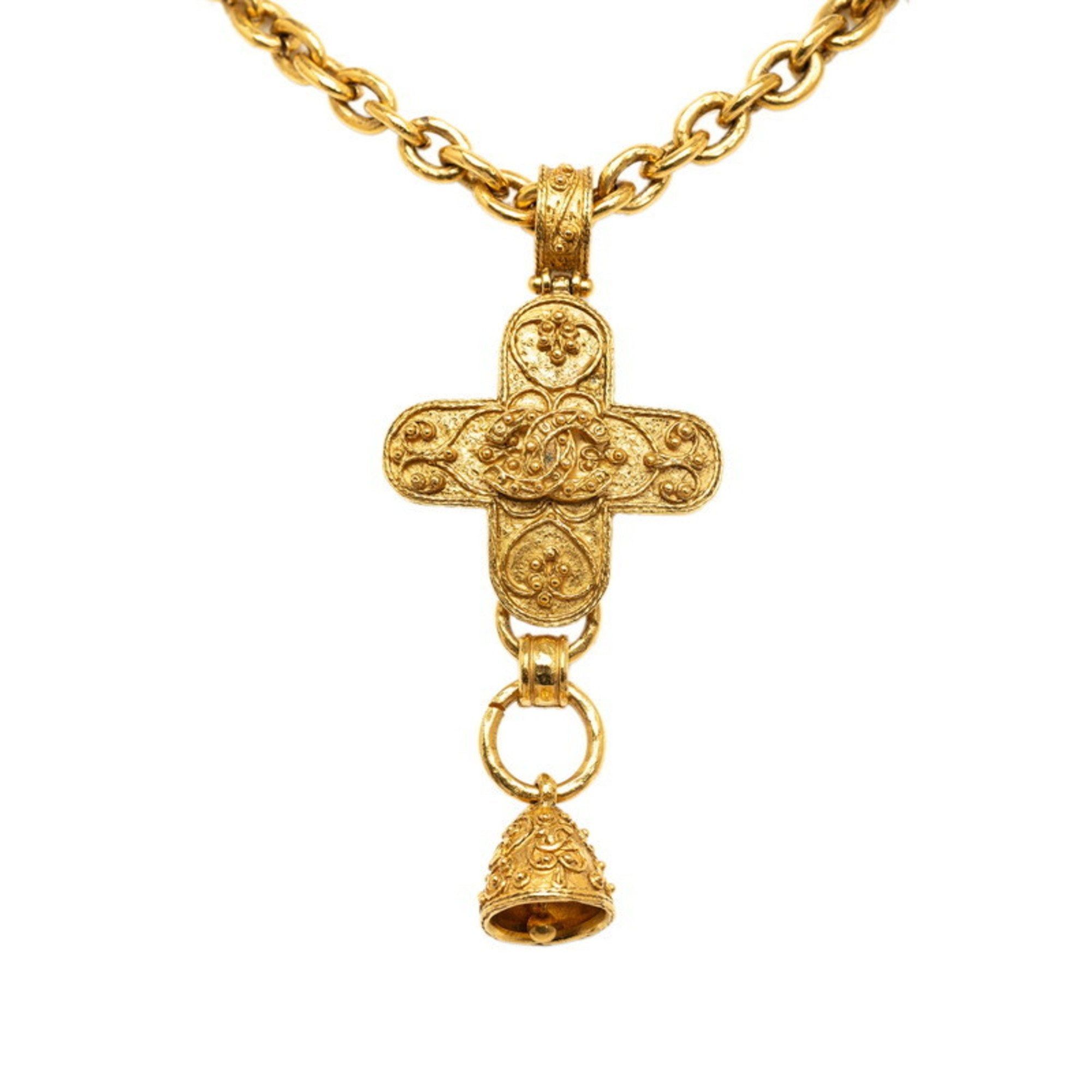 image of Chanel Cocomark Cross Bell Necklace Gold Plated Ladies, Women's