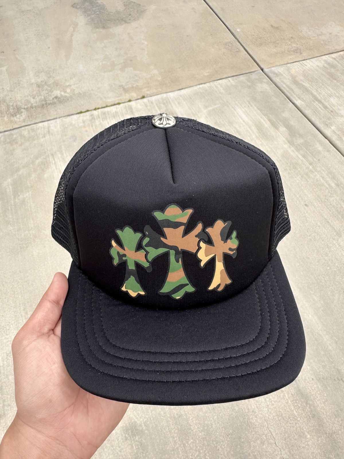 image of Chrome Hearts x Trucker Hat Chromehearts Camo Crosses Trucker Hat in Black Camo, Men's