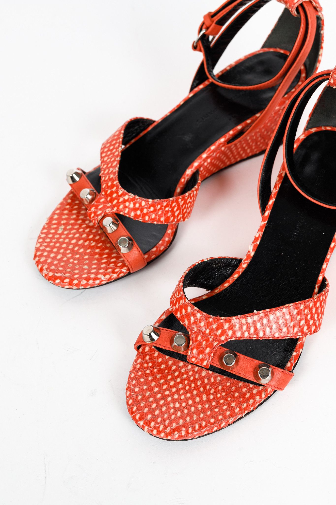 Balenciaga Balenciaga Orange Snakeskin-Embossed Studded Wedge Sandals Size US 4.5 / IT 34.5 - 6 Thumbnail