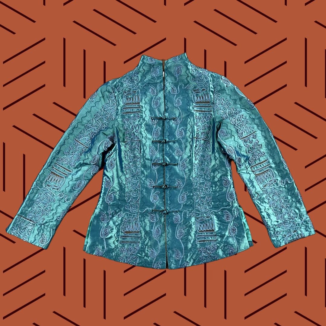 Vintage Shanghai Soho Blouse Women Medium Bluish Green Silk Rayon Embroidered Asian Size M / US 6-8 / IT 42-44 - 1 Thumbnail