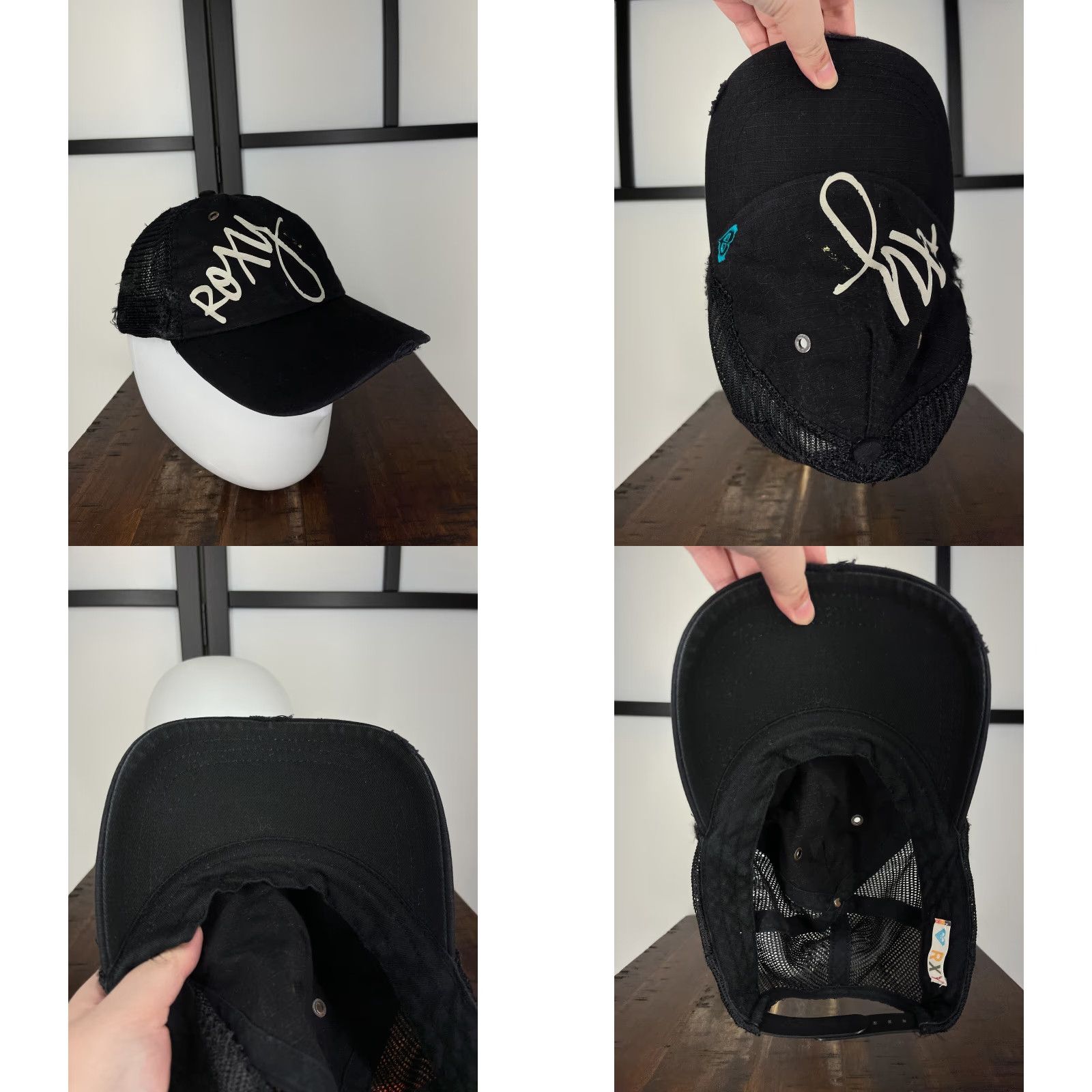 Vintage ROXY Hat Cap Snap Back Trucker Womens One Size Black Distressed Polyester Outdoor Logo Knit Pattern Solid Size ONE SIZE - 8 Thumbnail