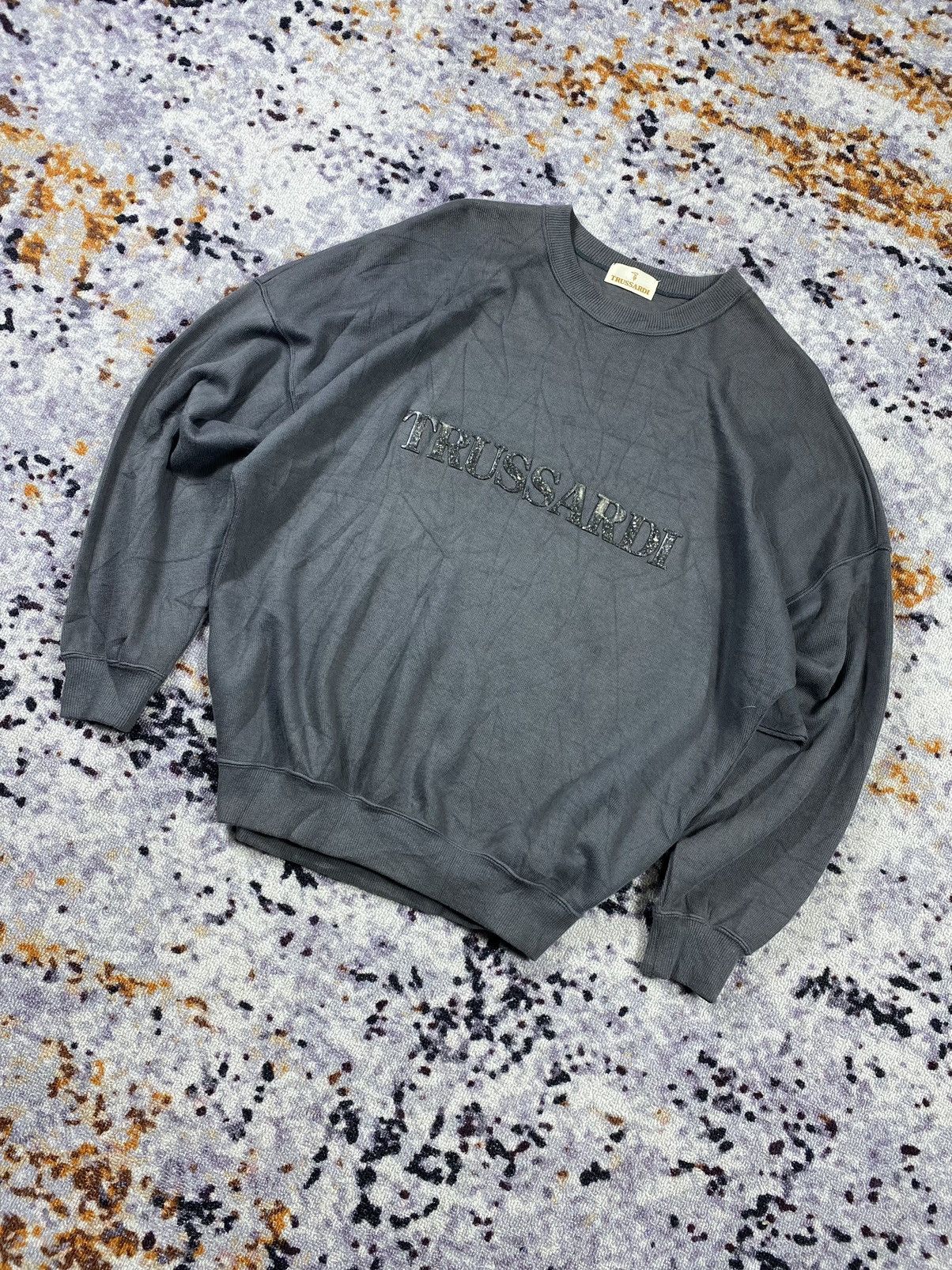 image of Archival Clothing x Trussardi Vintage Trussardi Big Logo Cropped Sweatshirt in Dark Gray (Size Larg