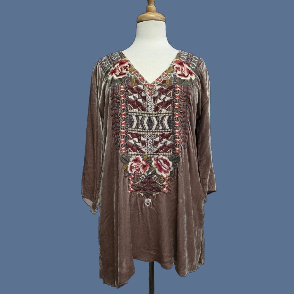 VINTAGE Johnny Was Issoria Heavily Embroidered Velvet Tunic Top Antique  Rose Size Small
