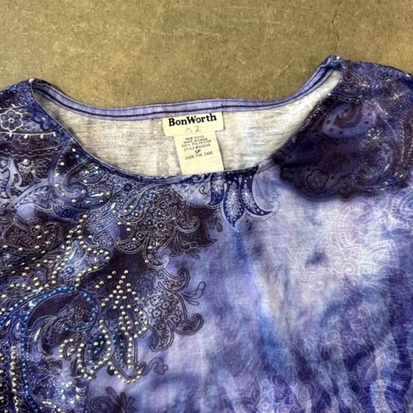 Vintage VINTAGE Mcbling Embellished Rhinestone Floral Tie Dye Purple Longsleeve S BonWorth Blouse Adult Women 3/4 Sleeve Pullover Size S / US 4 / IT 40 - 3 Thumbnail