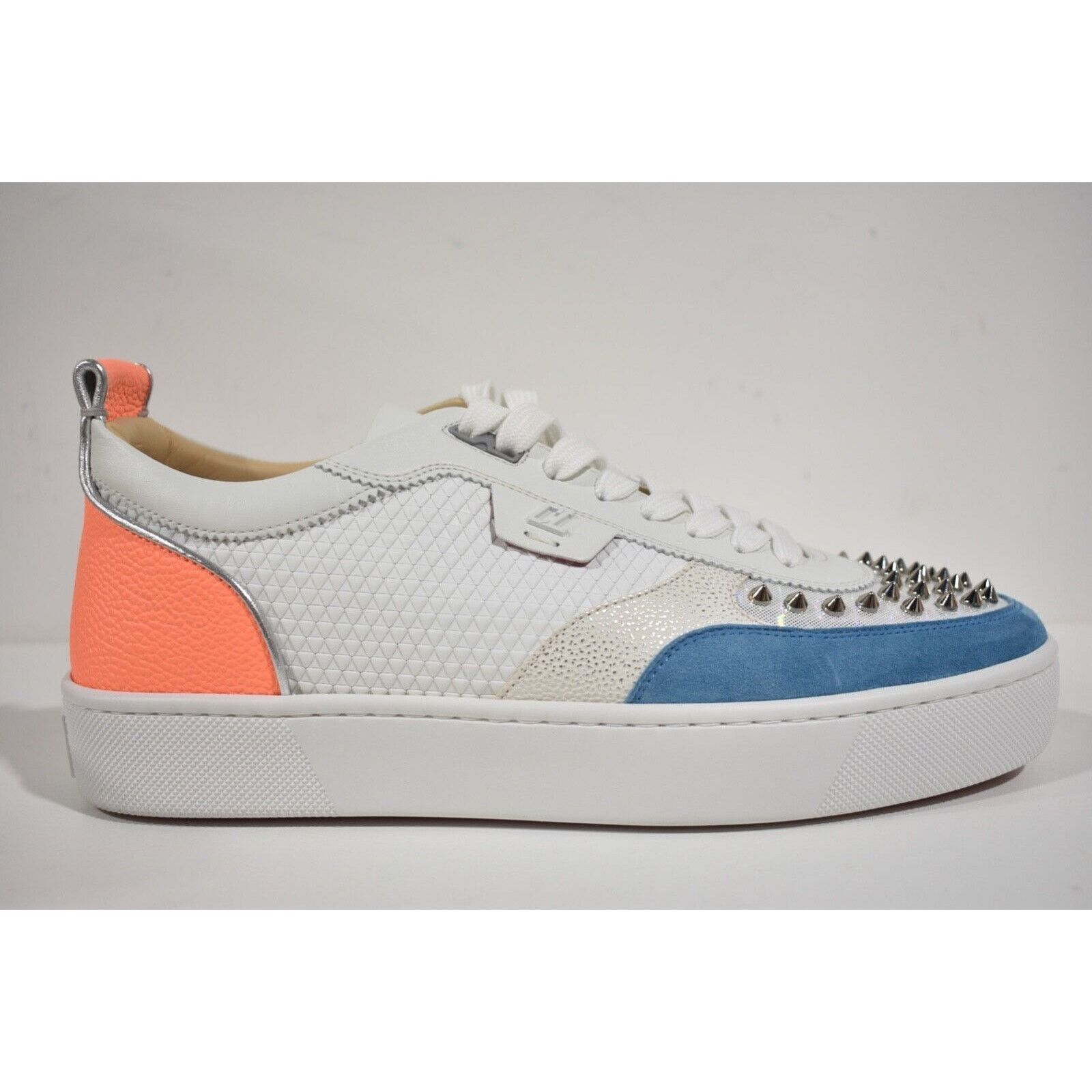 Christian Louboutin Christian Louboutin Mens Happyrui Spikes Flat White Blue Size US 11 / EU 44 - 2 Thumbnail