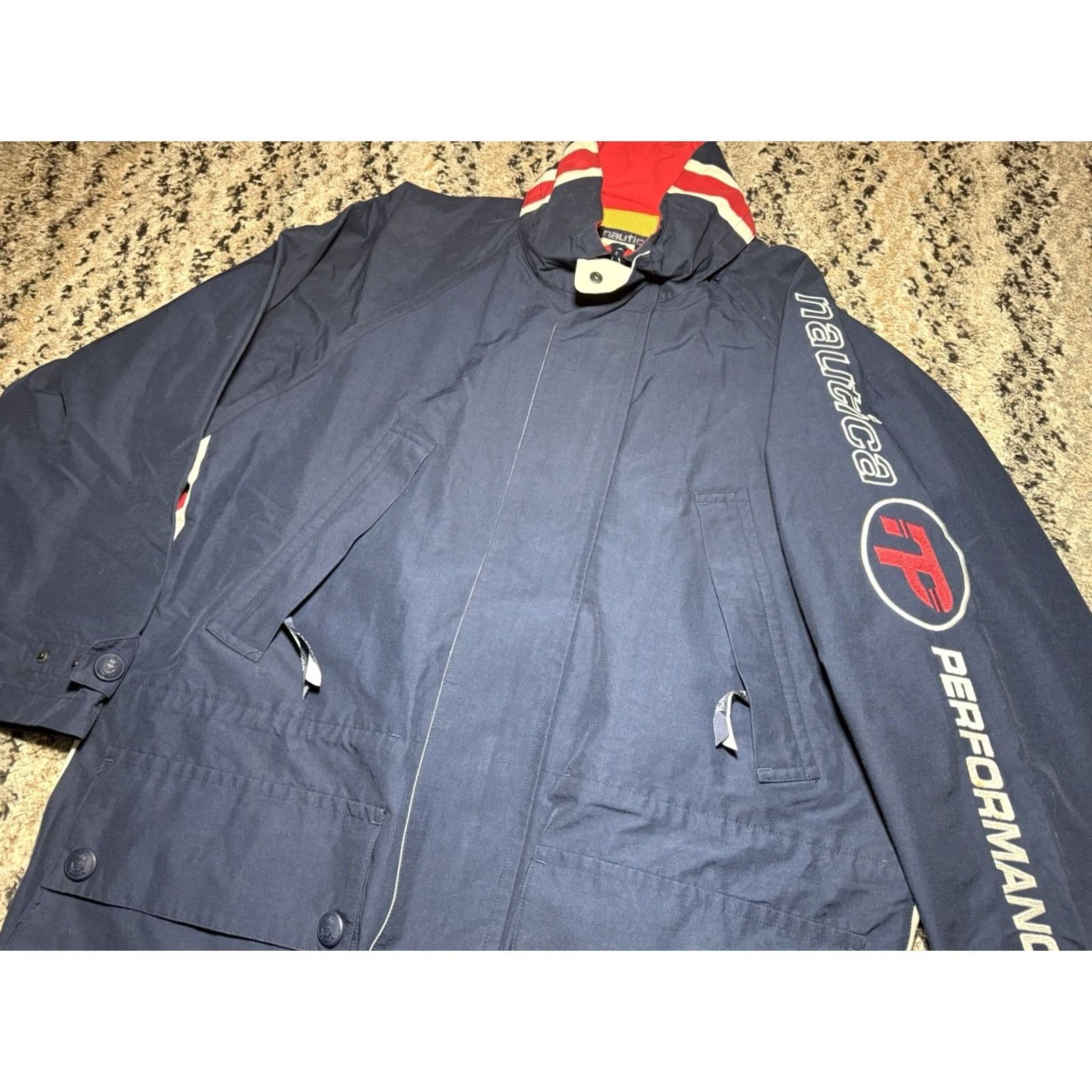 Nautica VINTAGE Nautica Hydro PERFORMANCE Waterproof Sail Boating Fish Jacket Coat Navy Mens M Blue Waterproof Water Resistant Hood Hidden Many pockets 90s Size US M / EU 48-50 / 2 - 4 Thumbnail