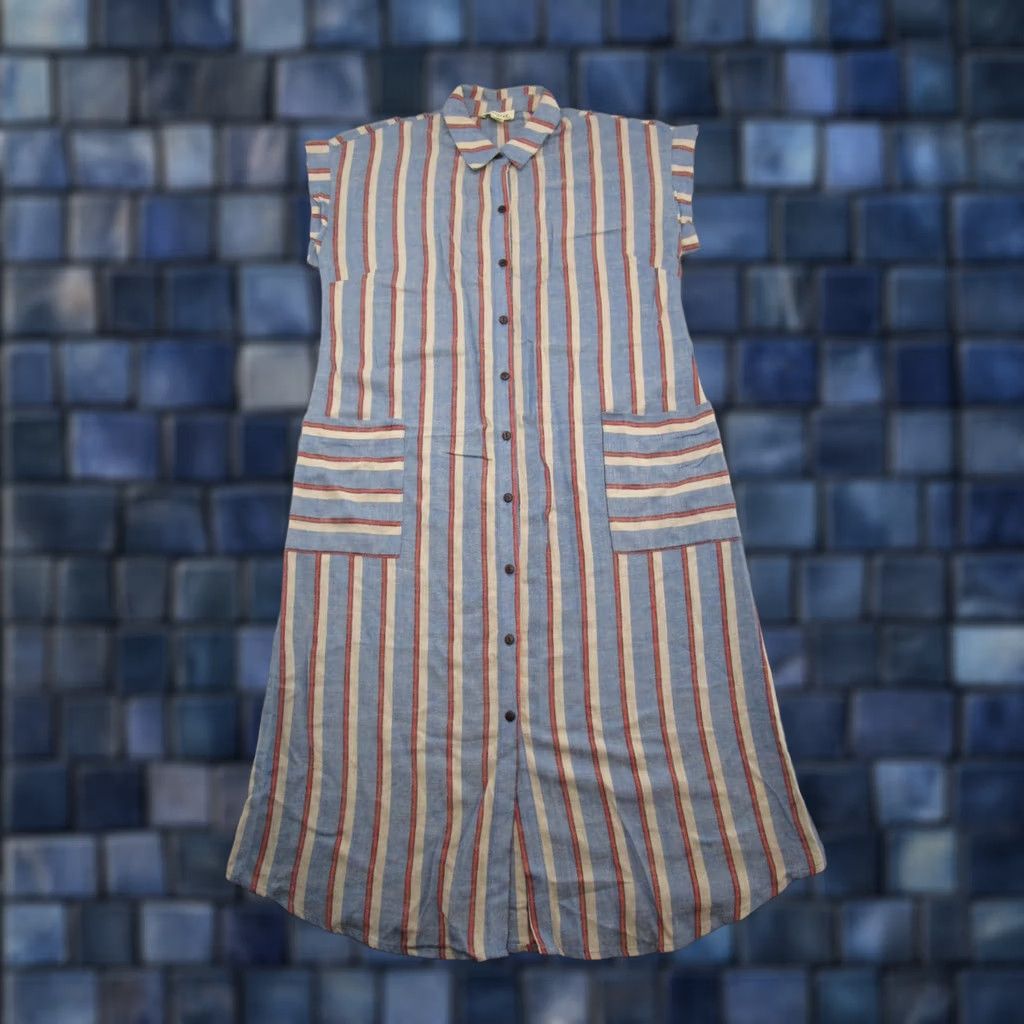 Vintage Monteau Shirt Dress Blue Striped Pockets Midi Linen Blend Size L Women’s Size L / US 10 / IT 46 - 1 Thumbnail
