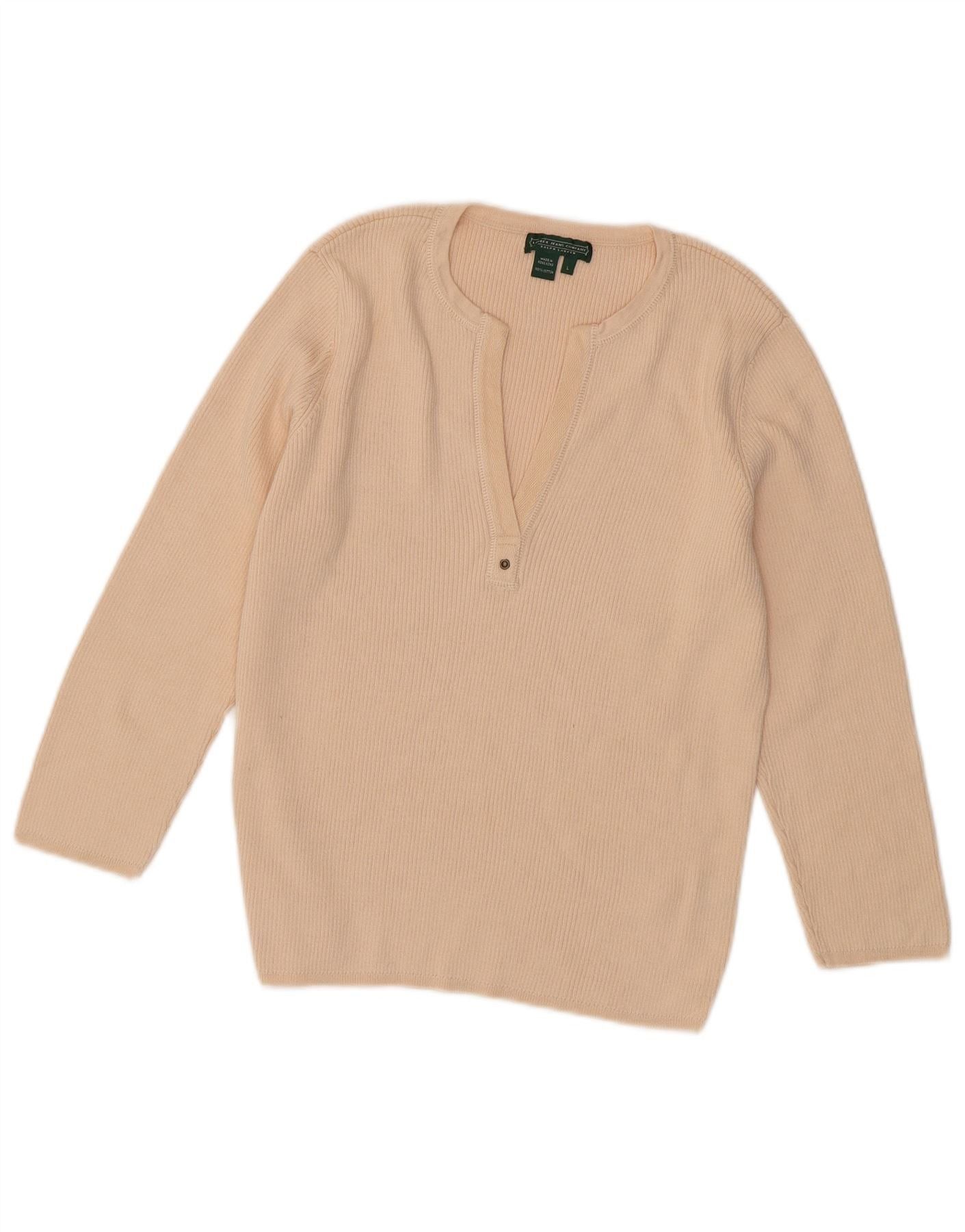 Ralph Lauren Womens 3/4 Sleeve V-Neck Jumper Sweater UK 14 Large Beige Size S / US 4 / IT 40 - 1 Thumbnail
