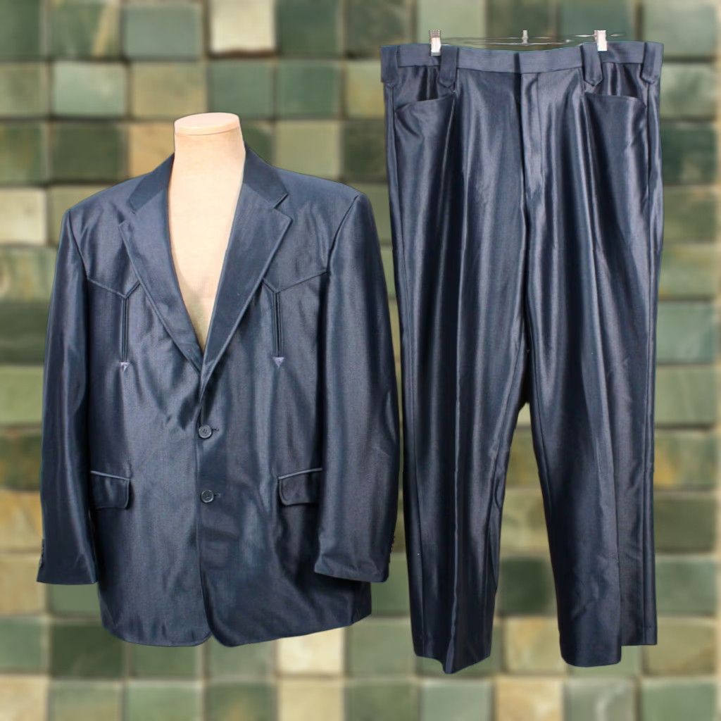 Vintage MENS VTG 2 PC Dark Blue Polyester Western Leisure Suit W Tie Sz 46 1970s Style Size 46R - 1 Thumbnail