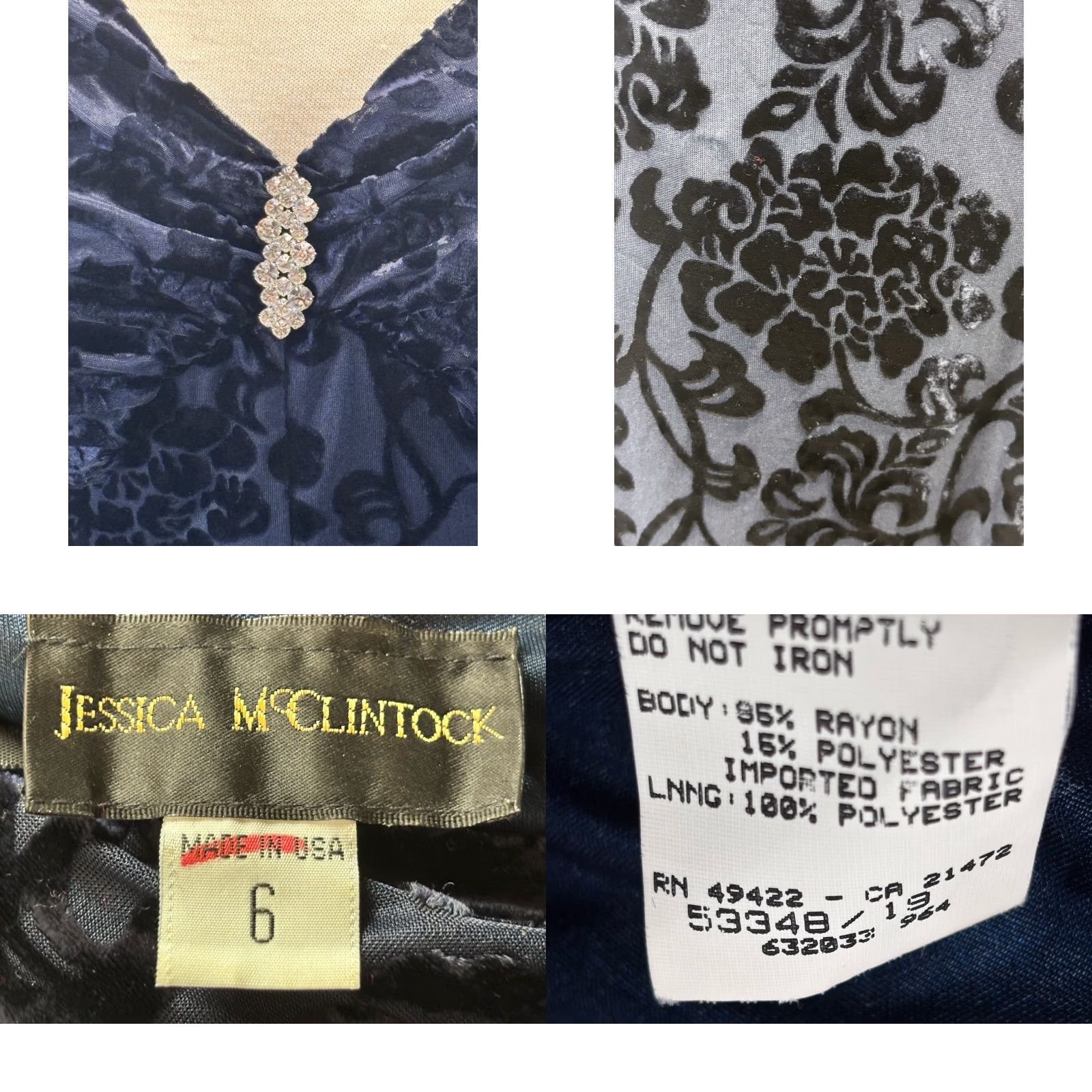 Jessica McClintock VINTAGE Jessica McClintock Velvet Burnout Maxi Gown Dress Sz 6 Women Floral Off the Shoulder Navy 90s Whimsigoth Size M / US 6-8 / IT 42-44 - 8 Thumbnail