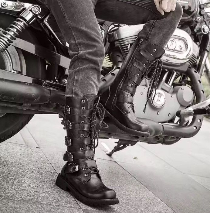 Japanese Brand Men's PU Leather Motorcycle Boots Mid-calf Size US 9.5 / EU 42-43 - 2 Thumbnail