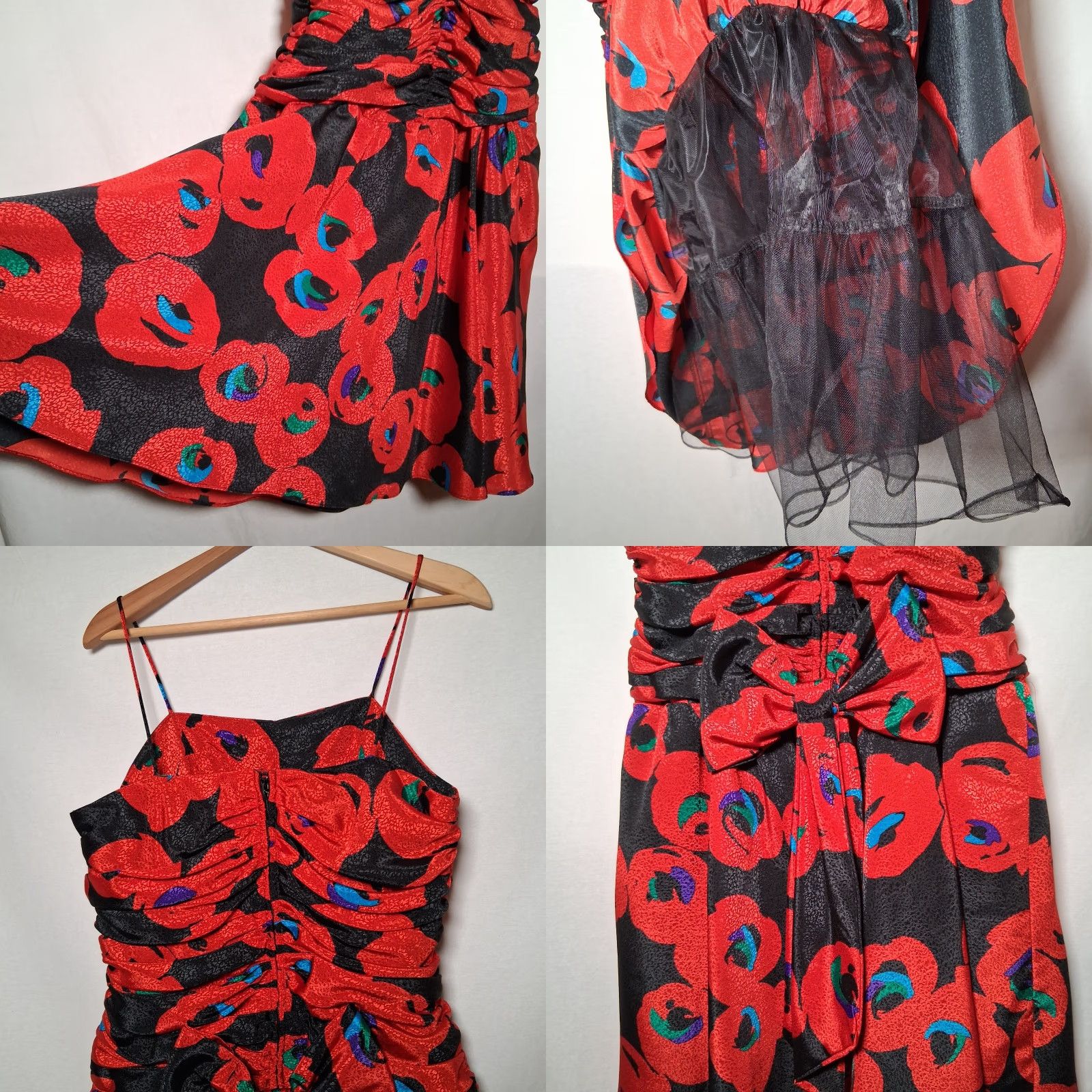 Vintage VINTAGE Apostrophe 1980s Party Dress Red Black Floral Satin Sleeveless Spaghetti Zips back Giant bow Tulle lining Dress Women's Size XL / US 12-14 / IT 48-50 - 9 Thumbnail