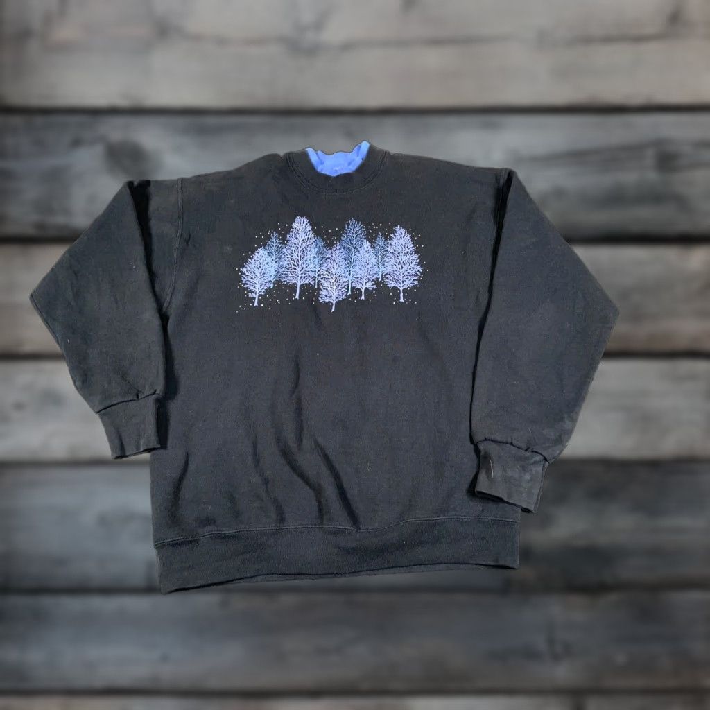 Vintage VINTAGE Women's Mock Neck Sweatshirt Adult Large Black Blue Tree Print 90s Hipster Size L / US 10 / IT 46 - 1 Thumbnail