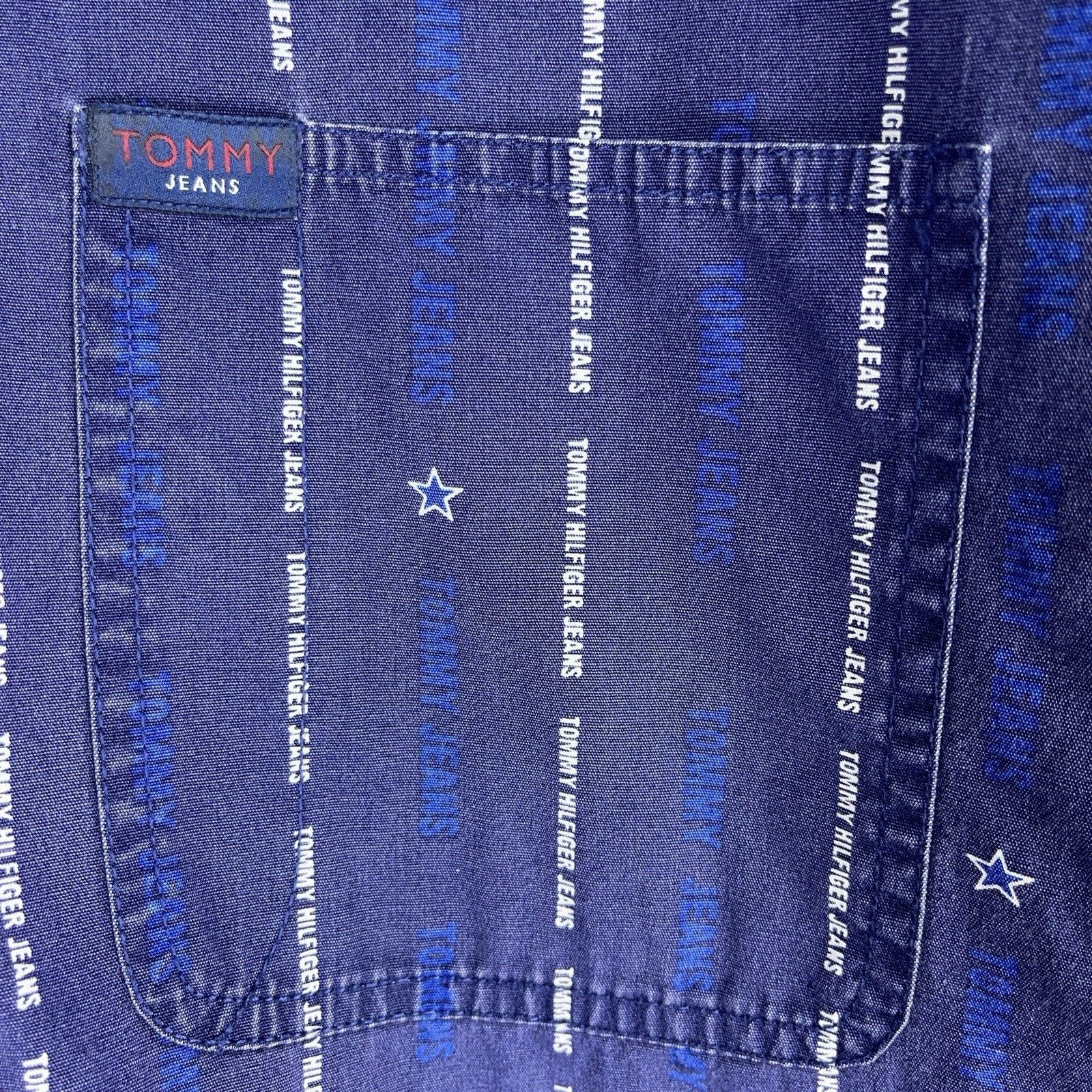 Tommy Hilfiger Vtg 90s Tommy Jeans AOP Monogram Denim Shirt Fade Wash Rare Size US L / EU 52-54 / 3 - 7 Thumbnail