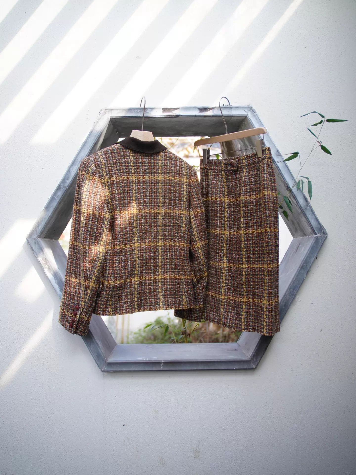 Hermes Vtg Wool Tweed Suede Check Blazer & Skirt Set FR36 Size XS / US 0-2 / IT 36-38 - 3 Thumbnail