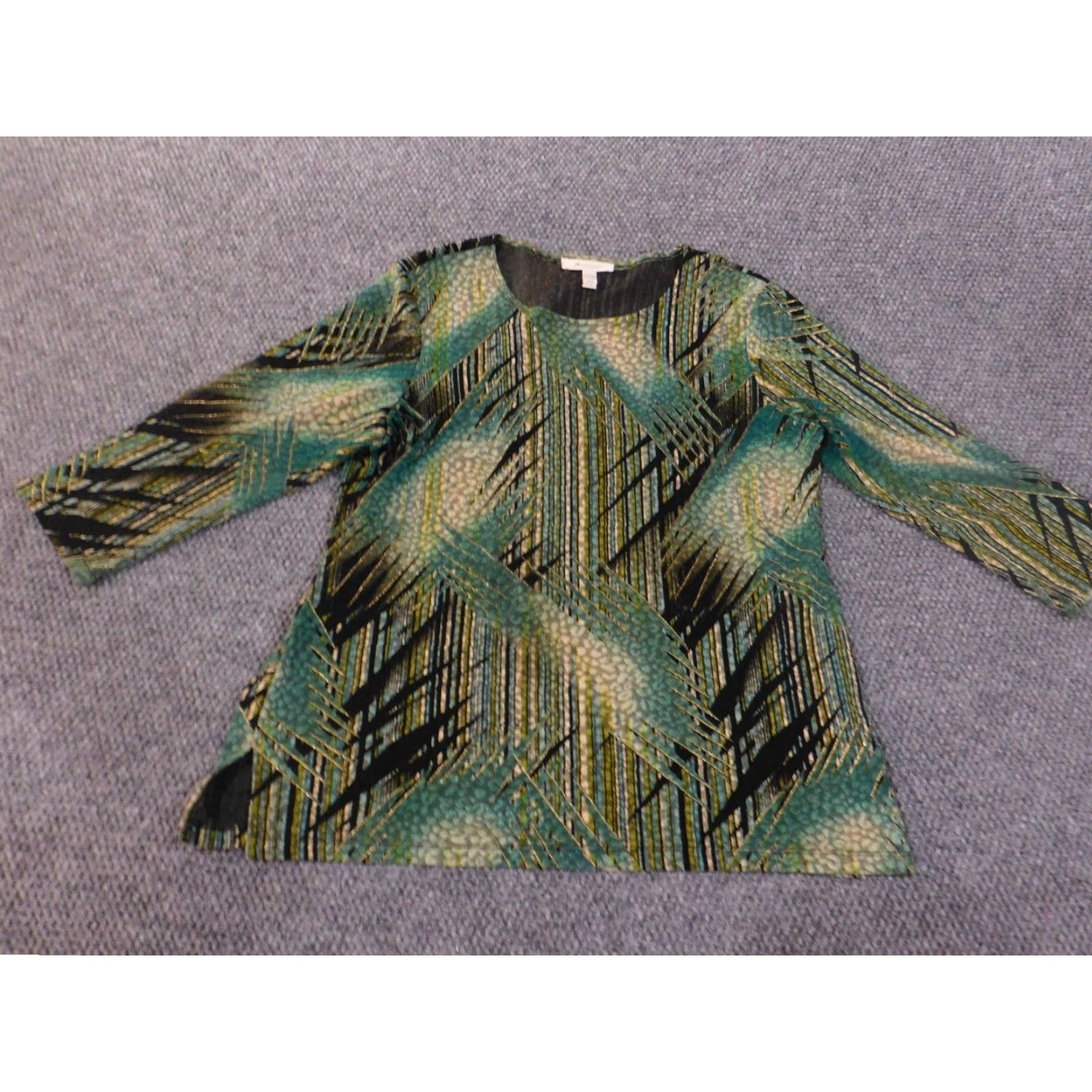 JM Collection JM Collection Blouse Shirt Womens Regular Stretch Geometric Crew Neck Green Long Sleeve L (Large) Size L / US 10 / IT 46 - 2 Thumbnail