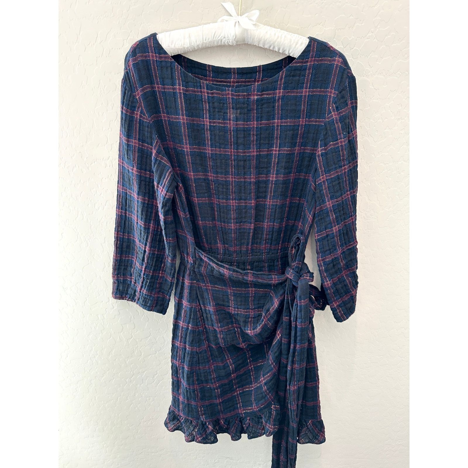 Rebecca Taylor REBECCA TAYLOR | Dark Blue Metallic Plaid Wrap Mini Dress Size M / US 6-8 / IT 42-44 - 1 Thumbnail