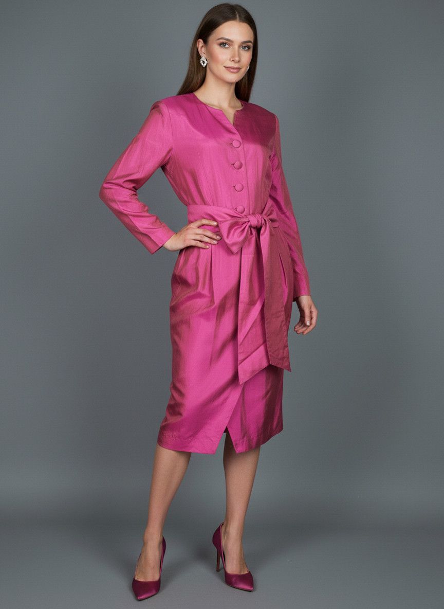 Vintage Vintage 80s Pink Silk Dress With Belt Size M / US 6-8 / IT 42-44 - 1 Thumbnail