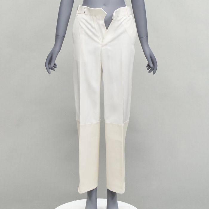 Celine Women White Pants Viscose Wool High Waist Straight Cropped Trousers  FR 36