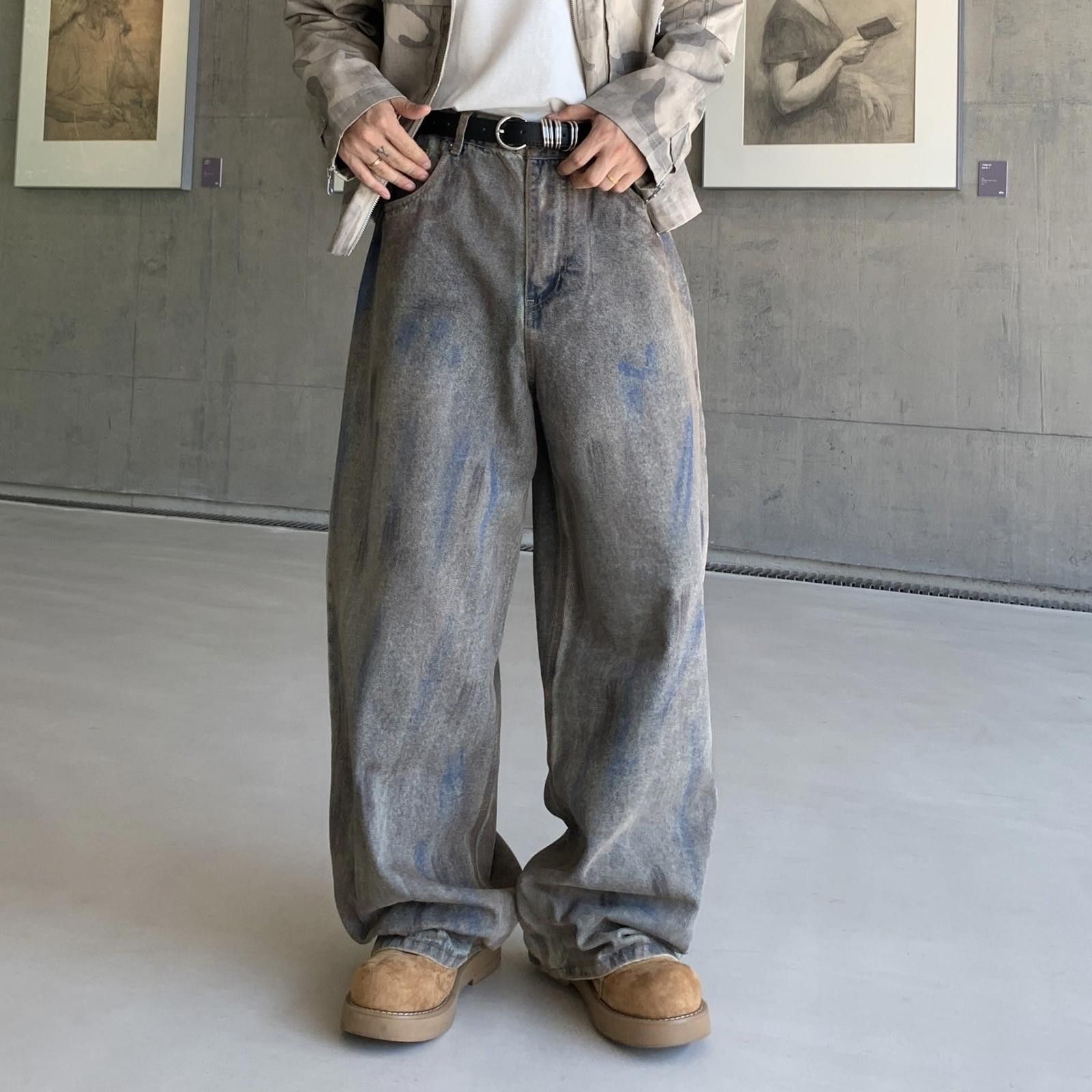 Gray Wide Leg Denim Jeans, Baggy Casual Jeans