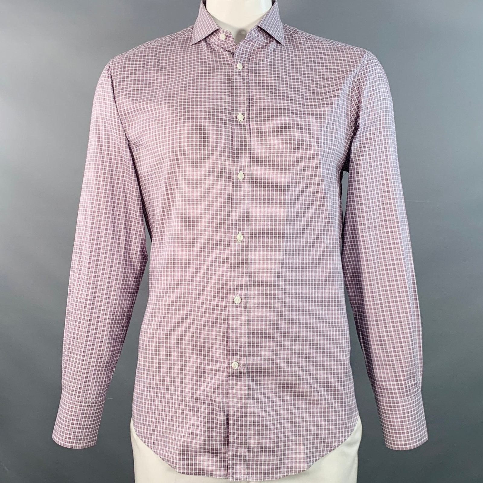 Brunello Cucinelli XL Purple White Checkered Cotton Slim Fit Long Sleeve Shirt Size US XL / EU 56 / 4 - 1 Thumbnail