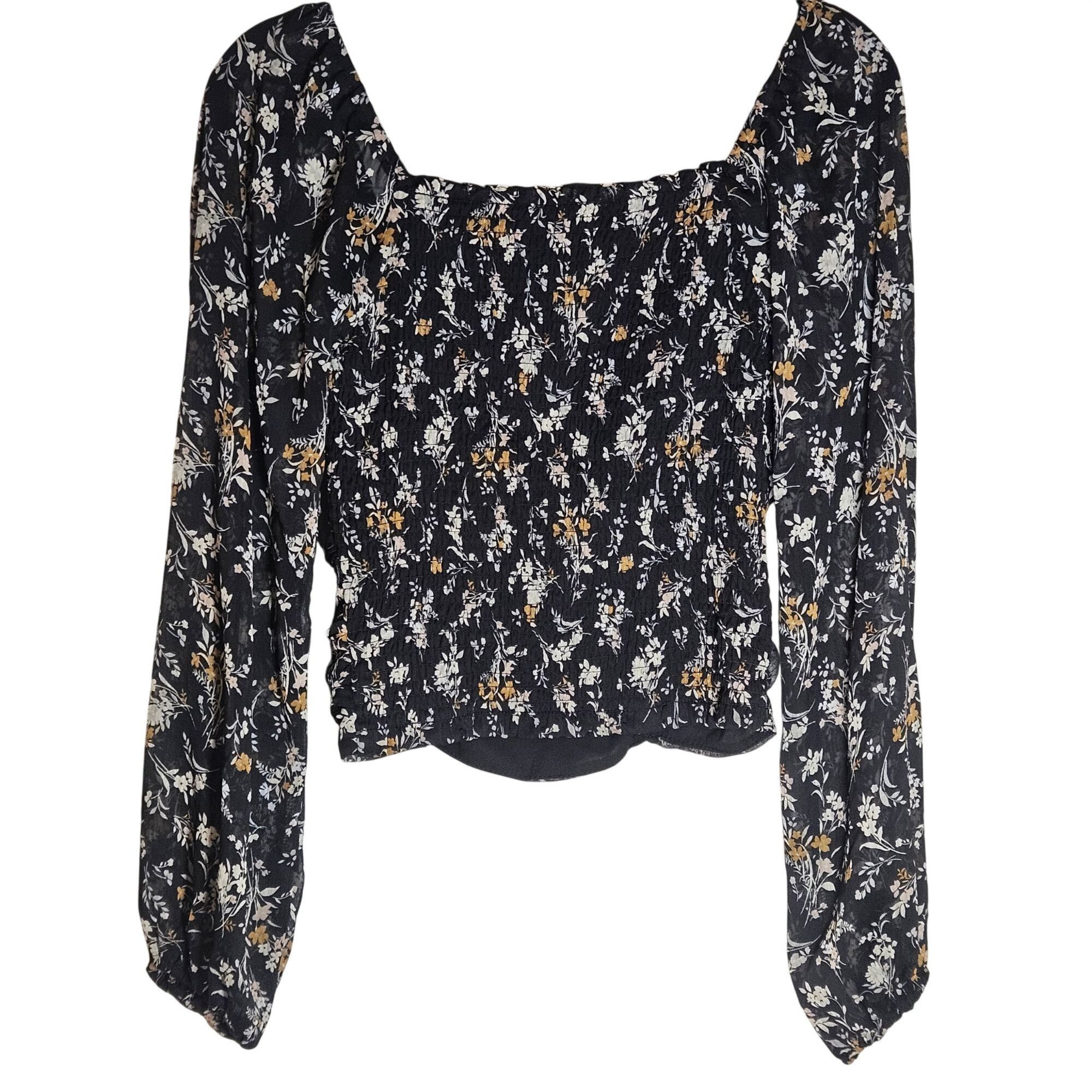 Other All In Favor Women’s Smocked Floral Blouse Black M Ruched Co Size M / US 6-8 / IT 42-44 - 3 Thumbnail