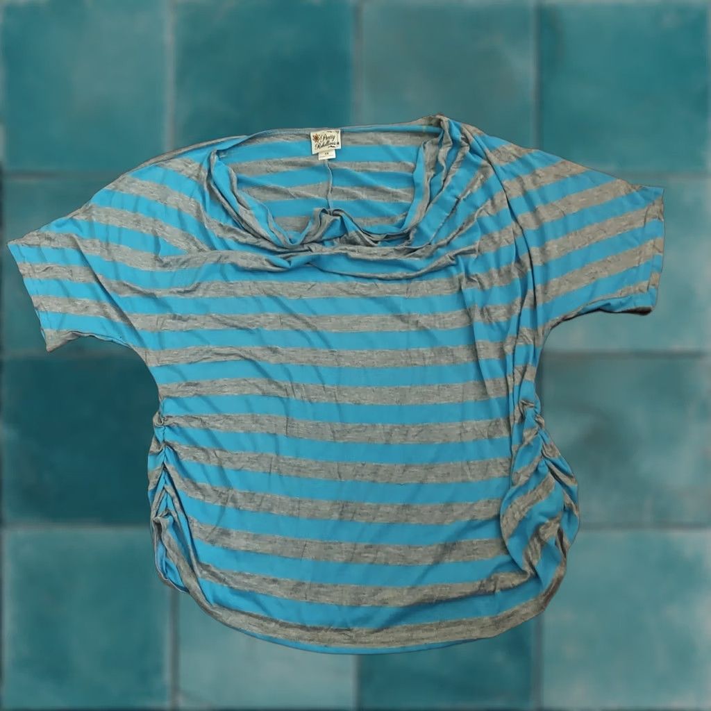 Vintage Pretty Rebellious Blouse Shirt Women 3XL Blue Gray Stripe Side Ruching Short Sleeve Plus Size Casual Summer Spring Fall Winter Size XXL / US 16-18 / IT 52-54 - 1 Thumbnail
