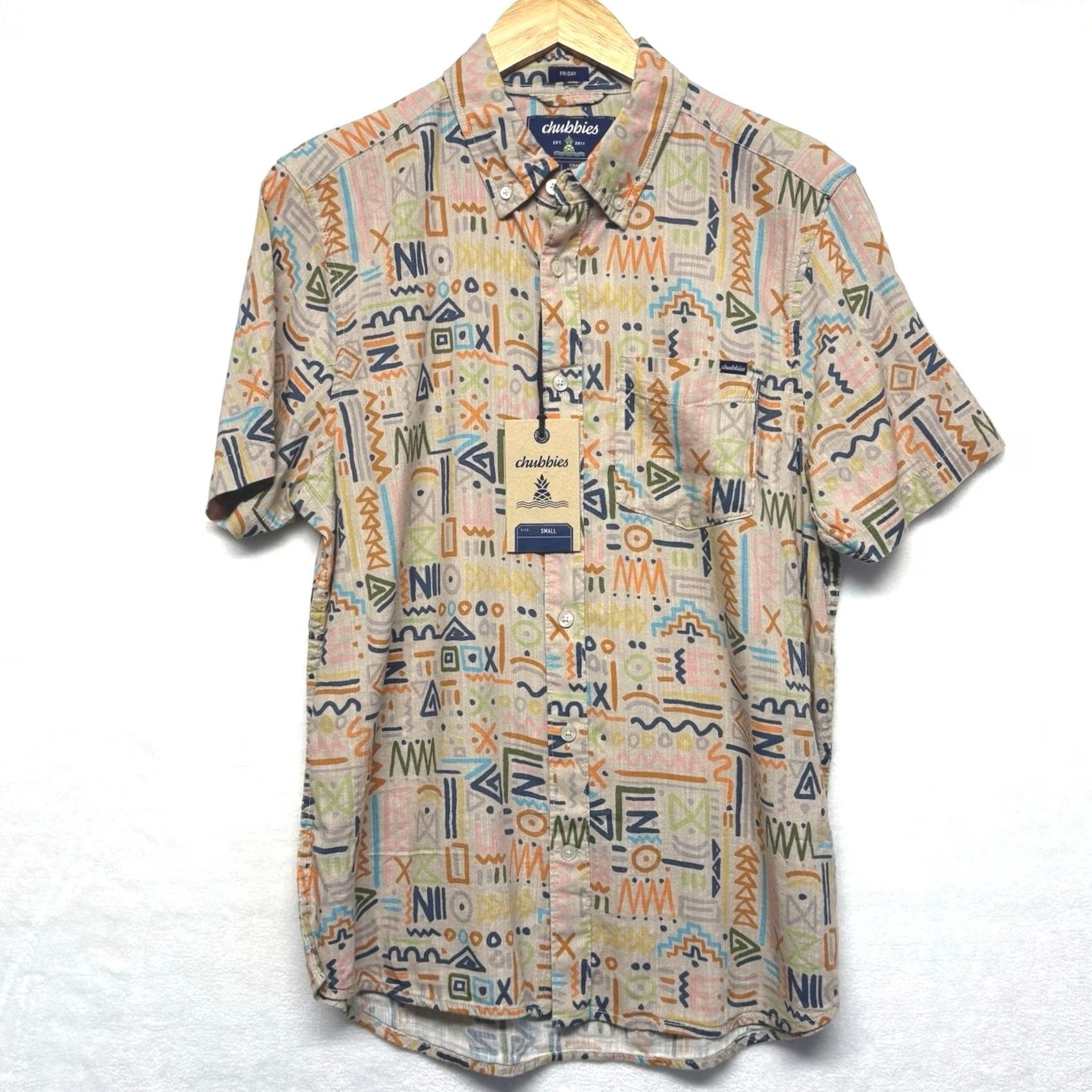 Chubbies Chubbies Shirt Mens S Tan Disco Slub Poplin Resort Geometric Print Short Sleeve Button Size US S / EU 44-46 / 1 - 2 Thumbnail