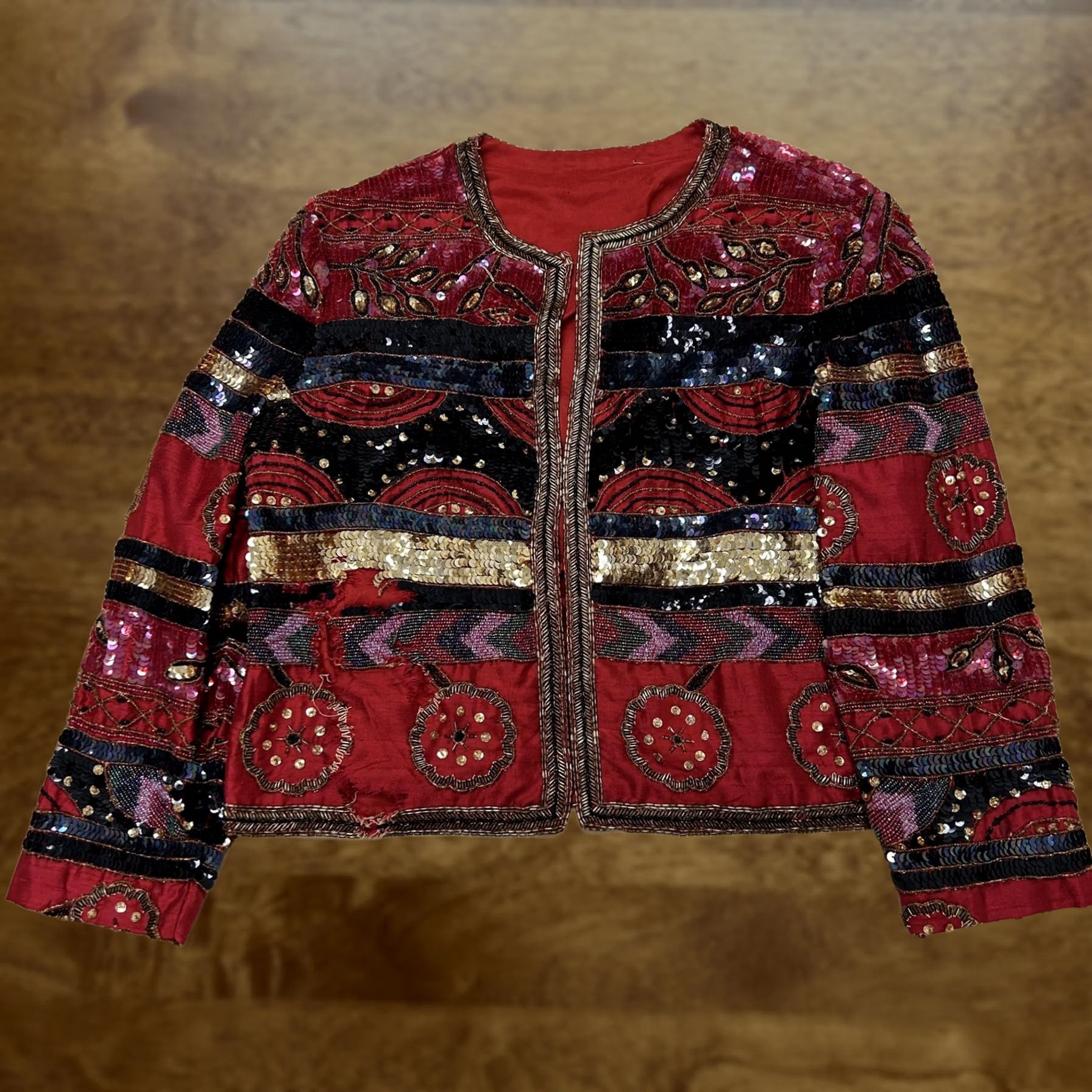 Vintage Boho Embellished Jacket Womens Medium Red Beaded Sequin Satin Open Front Size M / US 6-8 / IT 42-44 - 1 Thumbnail