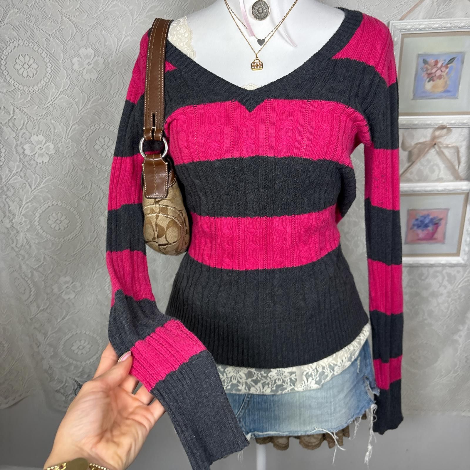 Arizona Jean Co. y2k 2000s striped cable knit fitted sweater Size L / US 10 / IT 46 - 3 Thumbnail