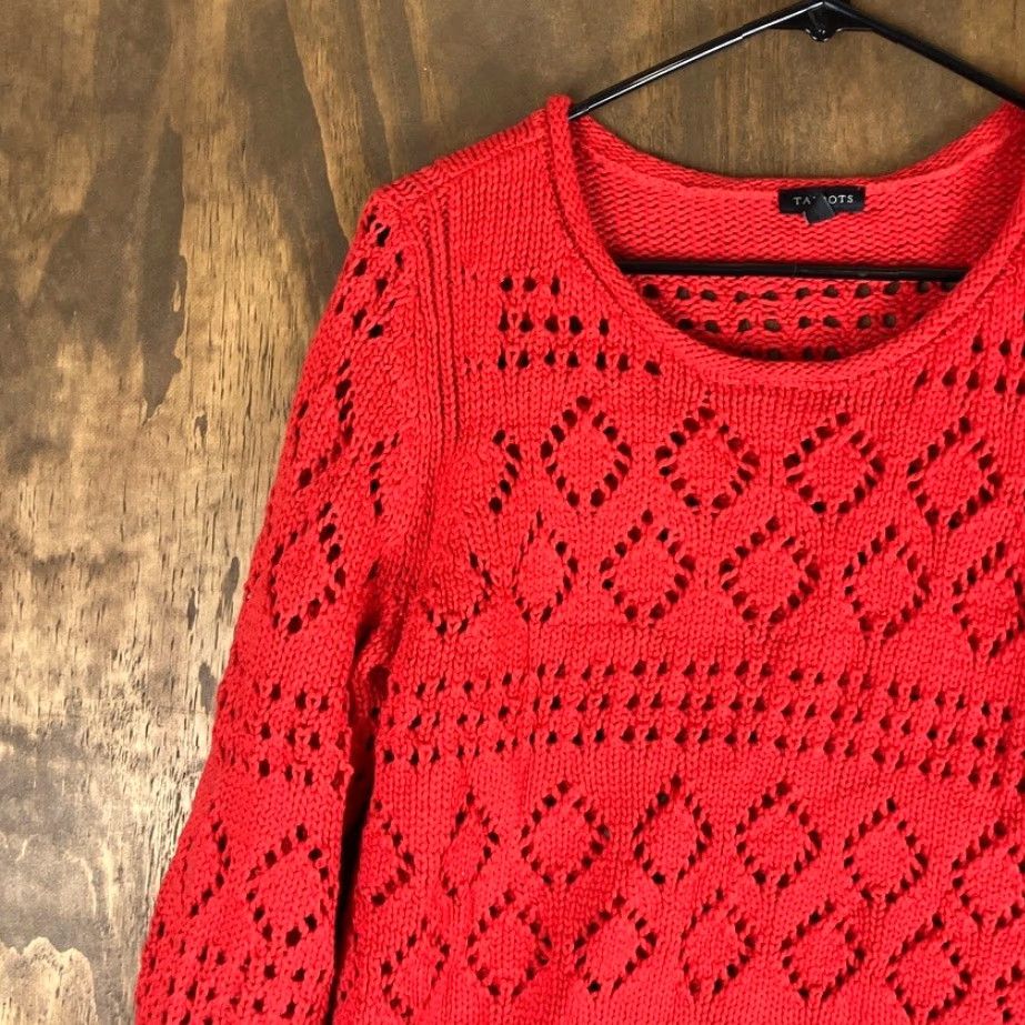 Talbots Talbots Womens Sweater Red Open Knit Diamond Pattern Small Crew Neck Knit Cotton Blend Open-Knit Casual Womens Size S / US 4 / IT 40 - 4 Thumbnail