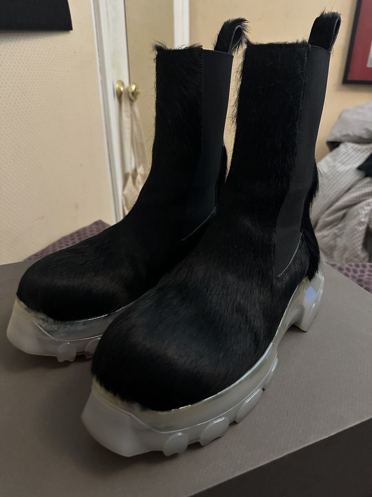 image of Rick Owens Pony Hair Tractor Sole Beetle Bozo Boots in Black, Men's (Size 8)