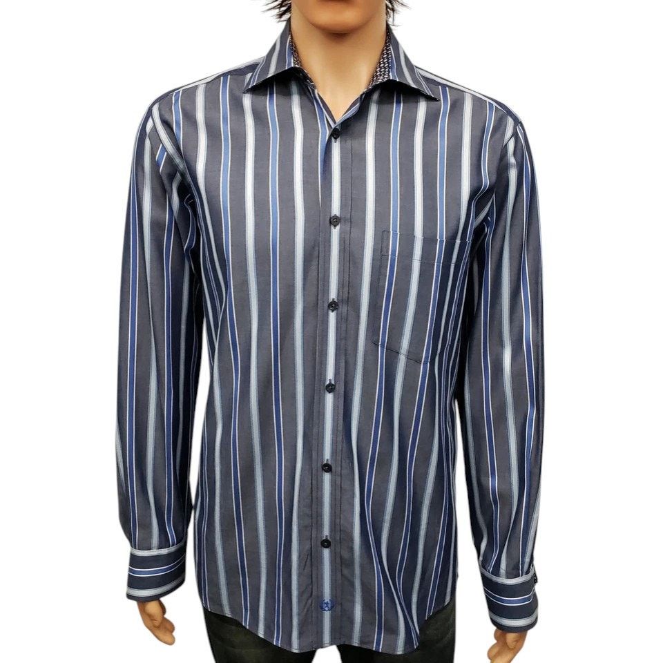 BUGATCHI Bugatchi Uomo Dress Shirt M Striped Contrast Flip Cuff L/S Size US M / EU 48-50 / 2 - 5 Thumbnail