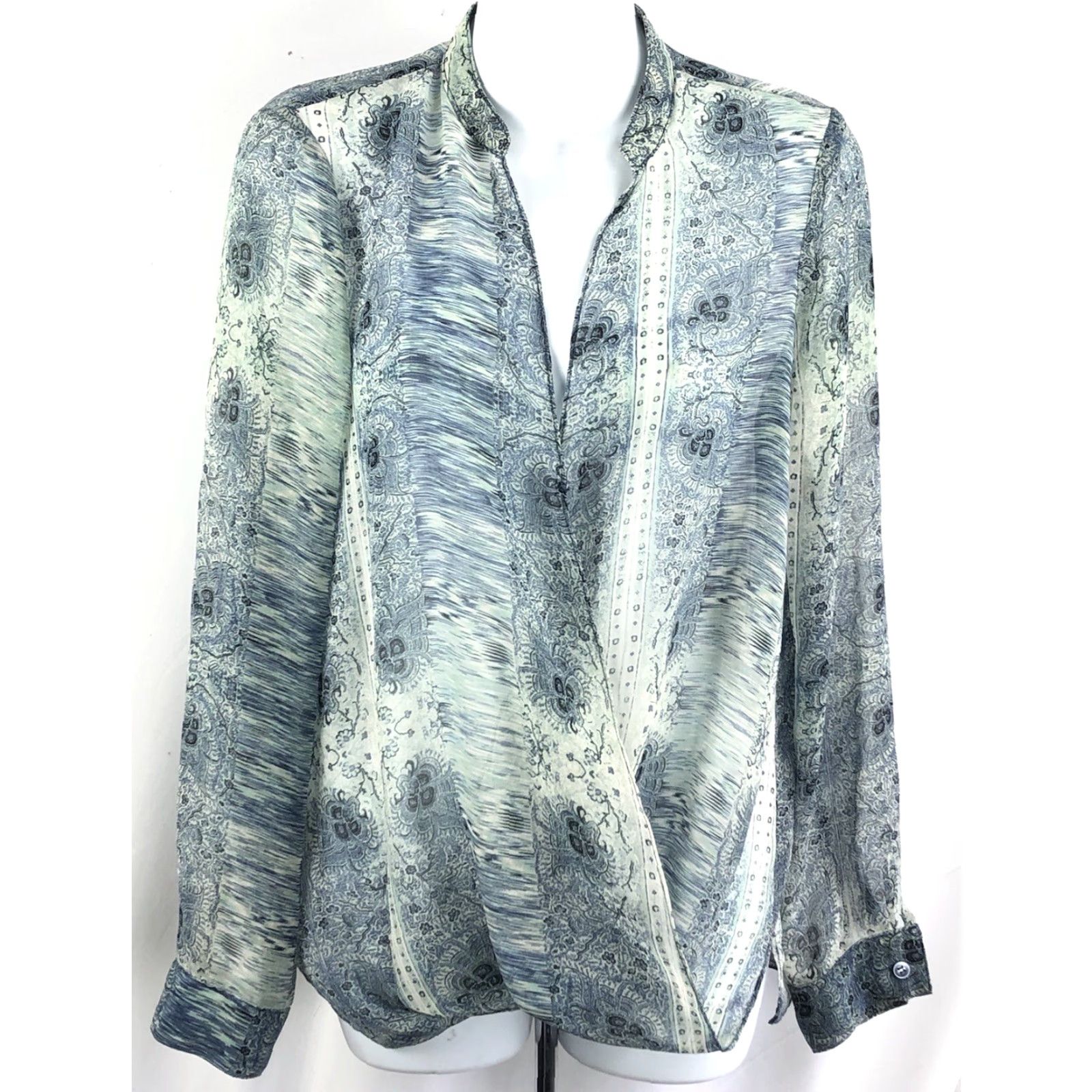 BCBGeneration BCBG Flowy Chiffon Top Blue Geo Blouse S Long Sleeve Collared Twist Front Sheer Boho 90s Y2K Career Womens Size S / US 4 / IT 40 - 5 Thumbnail