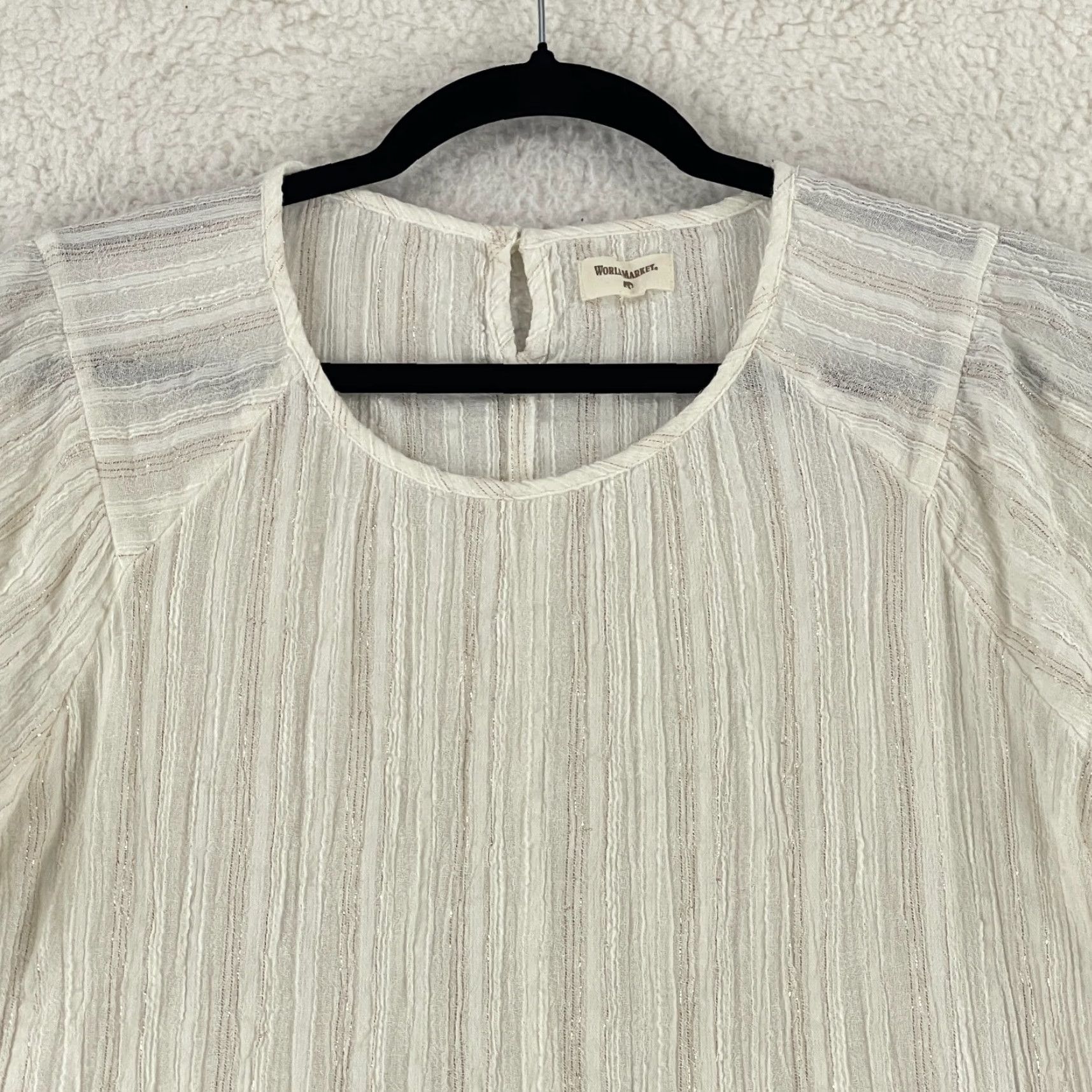 Vintage World Market Womens Medium Ivory Gold Metallic Peasant Shirt 3/4 Sleeve Pullover Size M / US 6-8 / IT 42-44 - 4 Thumbnail