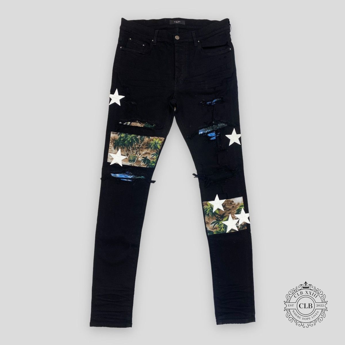 image of Amiri Hawaiian Star Art Patch Jeans In Black, Men's (Size 36)