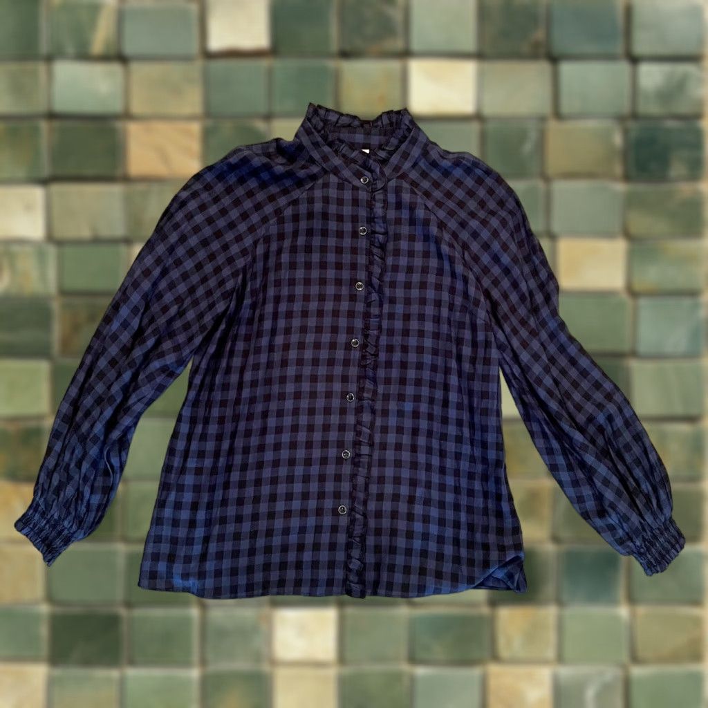 Vintage Cabi Aberdeen Blue Black Plaid Buffalo Check Ruffle Blouse Top S Shirt Womens Small Size S / US 4 / IT 40 - 1 Thumbnail