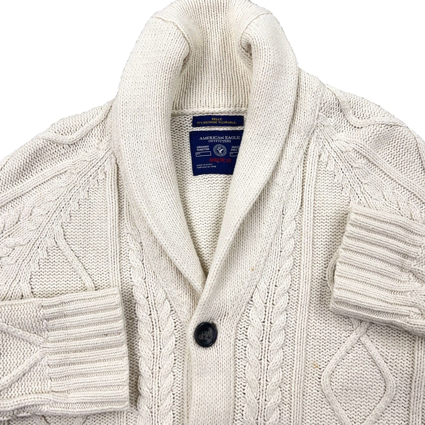 American Eagle Outfitters VINTAGE American Eagle Outfitters Cardigan Men L White Chunky Knit Geometric 80s Logo Classic Preppy Sweater Mens Size US L / EU 52-54 / 3 - 2 Thumbnail