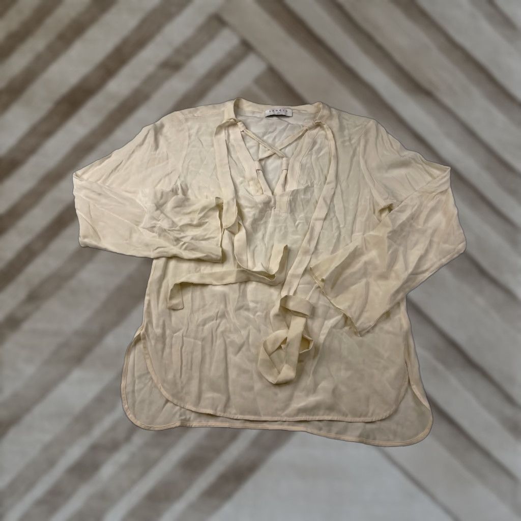 Sandro Sandro Silk Blouse Shirt Long Sleeve Flare Tie Neck V-Neck Beige Womens Size 3 Bow Paris Blouse Women Long Sleeve Silk Shirt Size XS / US 0-2 / IT 36-38 - 1 Thumbnail