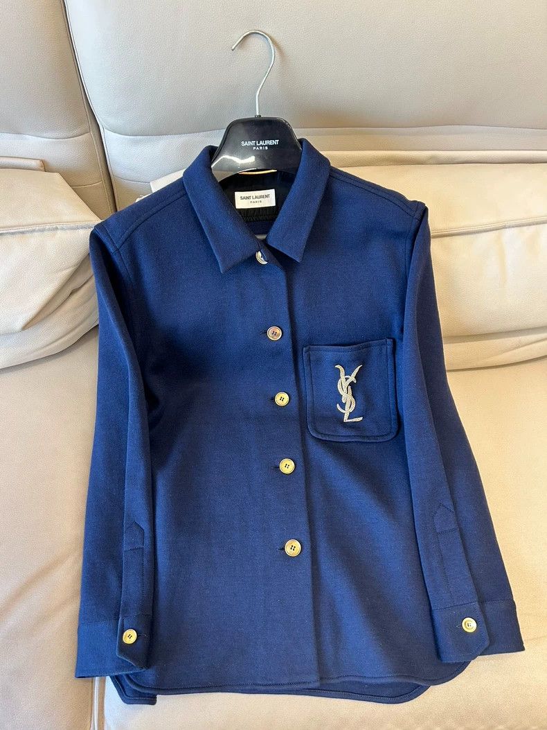 Saint Laurent Wool Shirt with YSL Logo Embroidery- DMC