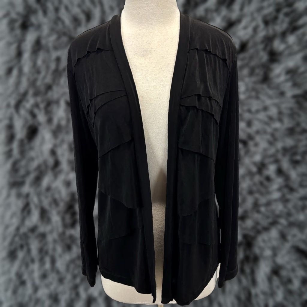 Vintage Chicos Travelers Cardigan Top Sz 1 US Medium Black Open Front Slinky Tiered Look Cardigan Women Medium Black Open Front Travel Casual Vintage: No Size M / US 6-8 / IT 42-44 - 1 Thumbnail