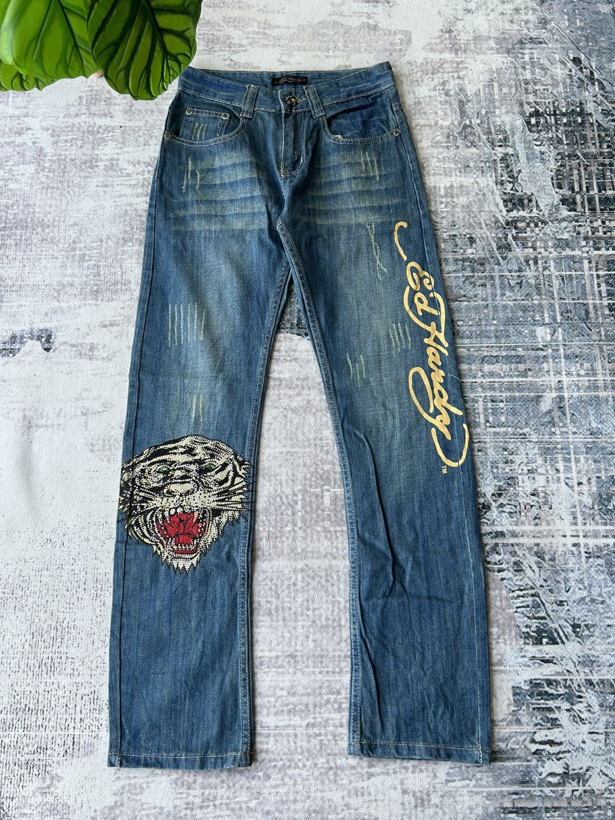 image of Ed Hardy Rhinestone Tiger Jeans in Denim, Men's (Size 27)