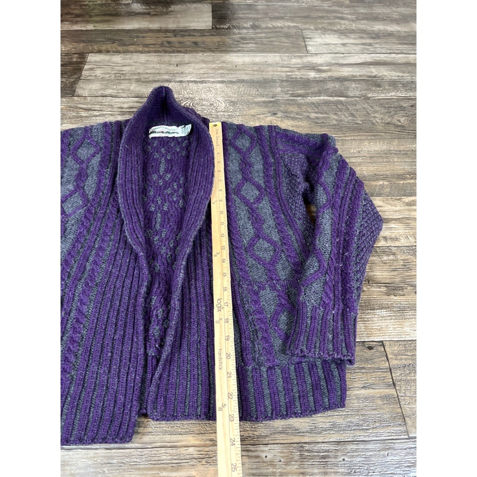 Vintage VINTAGE Aran Crafts Cardigan Womens M Purple Wool Cable-Knit Open Front Cowl Neck Sweater Size M / US 6-8 / IT 42-44 - 3 Thumbnail