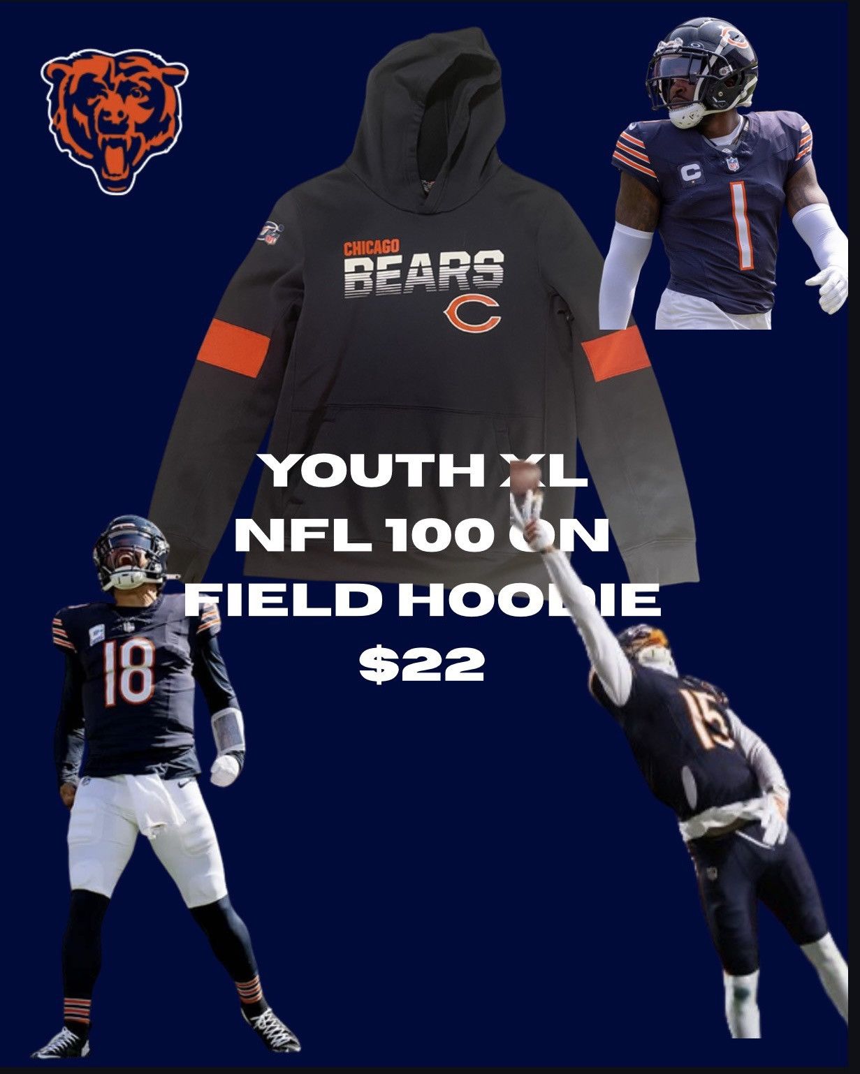 Nike Youth XL NFL 100 Chicago Bears On Field Hoodie Size US S / EU 44-46 / 1 - 7 Thumbnail