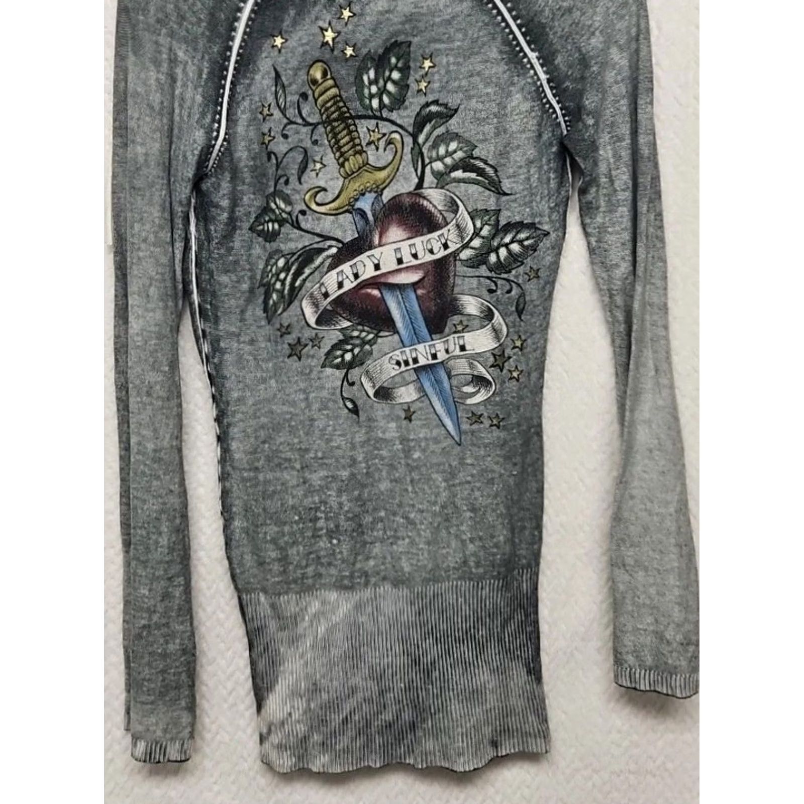Vintage Sinful Hoodie Women’s Gray Burn Wash Rhinestone Medium Heart Dagger Graphic Size M / US 6-8 / IT 42-44 - 7 Thumbnail